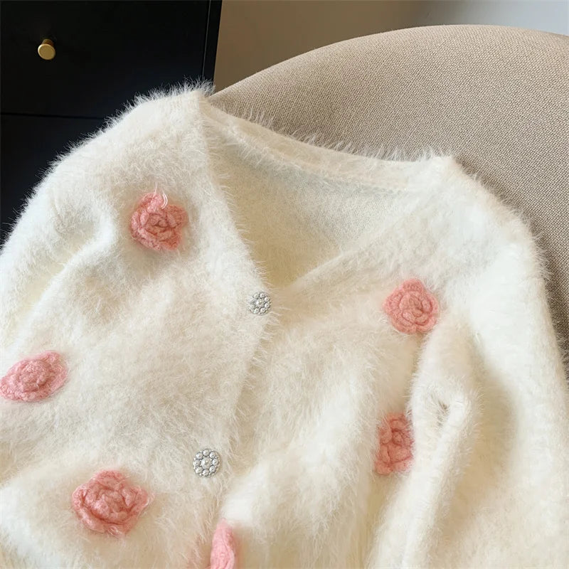 Women's V-Neck Long Sleeve Knitted Cardigan - White & Pink Floral Design Imitation Mink Sweater for Autumn Winter | Cozy Fall Layering, Office Wear & Casual Outfits