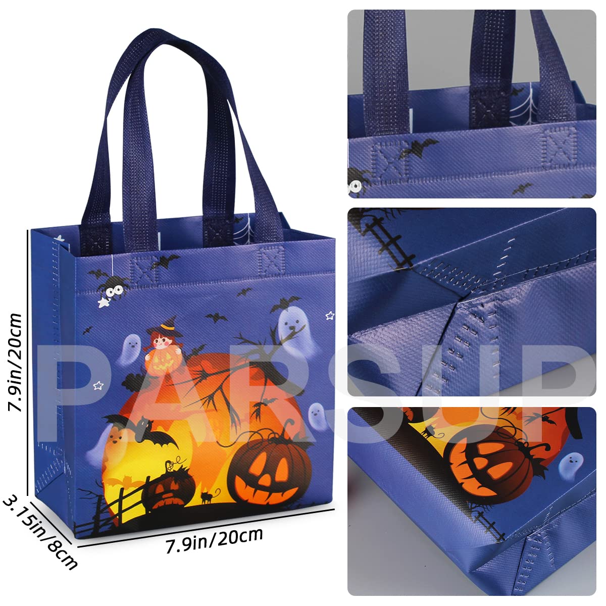 PARSUP 8PCS Halloween Trick or Treat Tote Bags with Handles - Reusable Non-Woven Gift Bags for Candy, Party Favors & Gift Wrapping (7.9