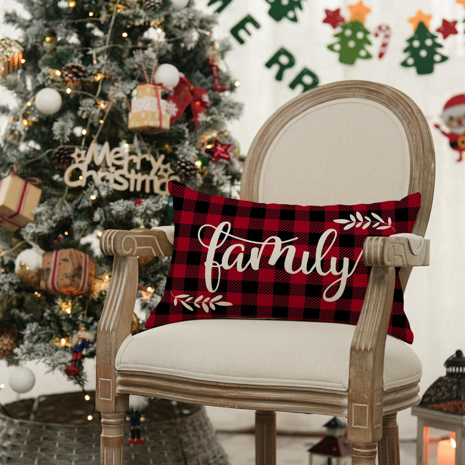AVOIN Christmas Family Pillow Cover - Buffalo Plaid Holiday Cushion Case 12x20 Inch for Sofa, Couch & Home Decor - Perfect for Winter, Xmas Decorations & Cozy Living Room Ambience