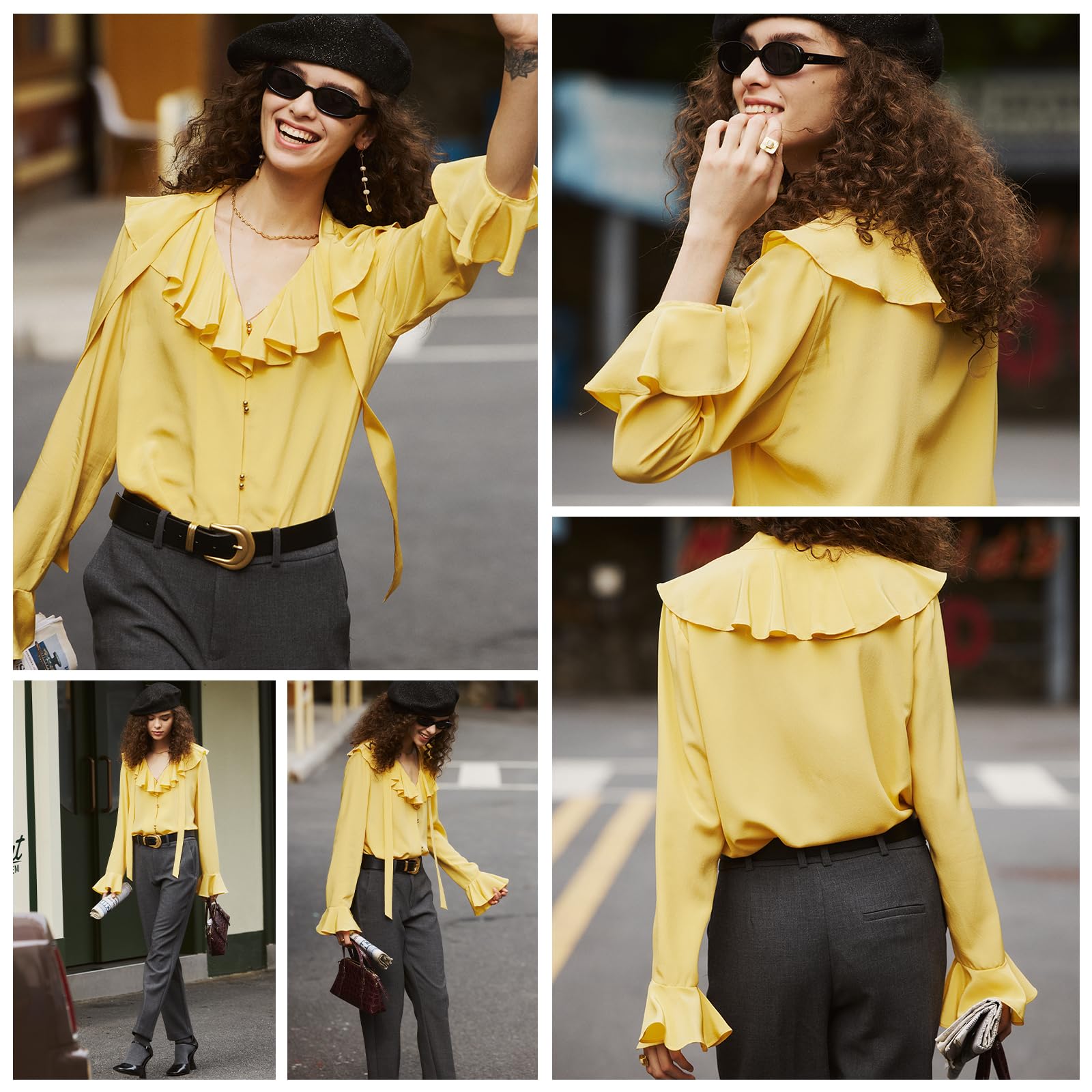 COLD POSH Women's 100% Mulberry Silk Blouse - Elegant Long Sleeve Button Down Shirt with V-Neck & Ruffle Detail | Breathable Summer Tops for Office, Dating & Special Occasions
