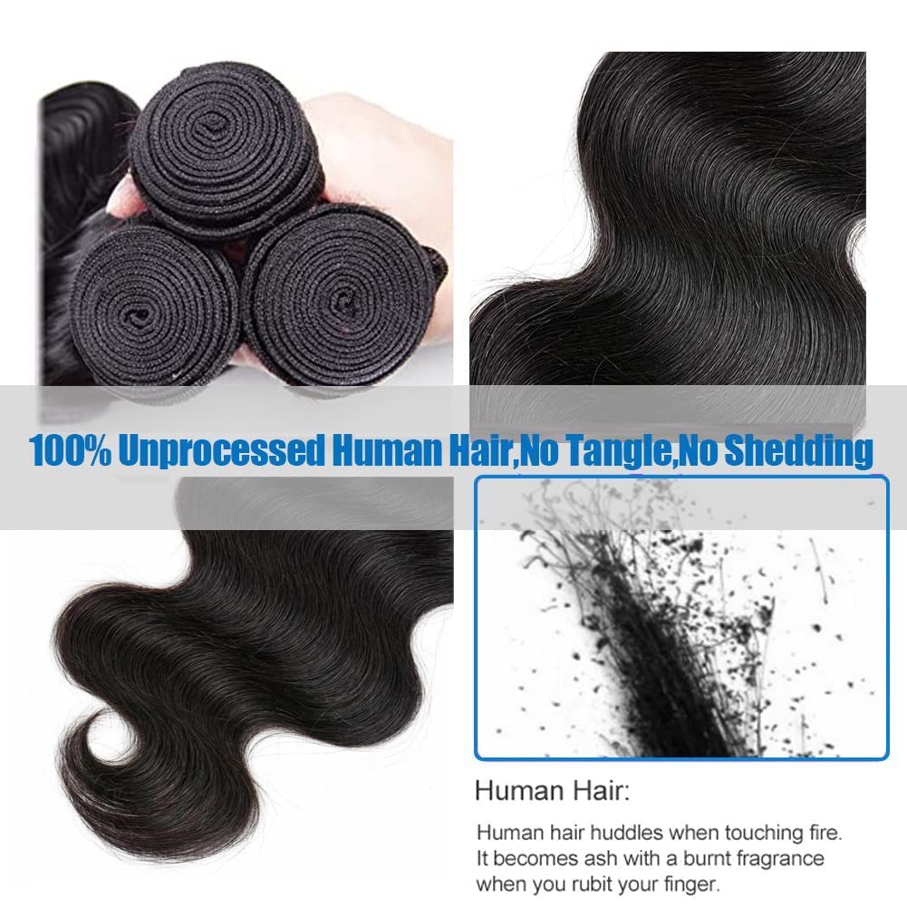 Aomllute 12A Brazilian Virgin Human Hair Bundles - 100% Unprocessed Body Wave Weave Extensions (18/20/22 Inch, 3 Bundles, Natural Black) for Stunning Hairstyles & Daily Wear