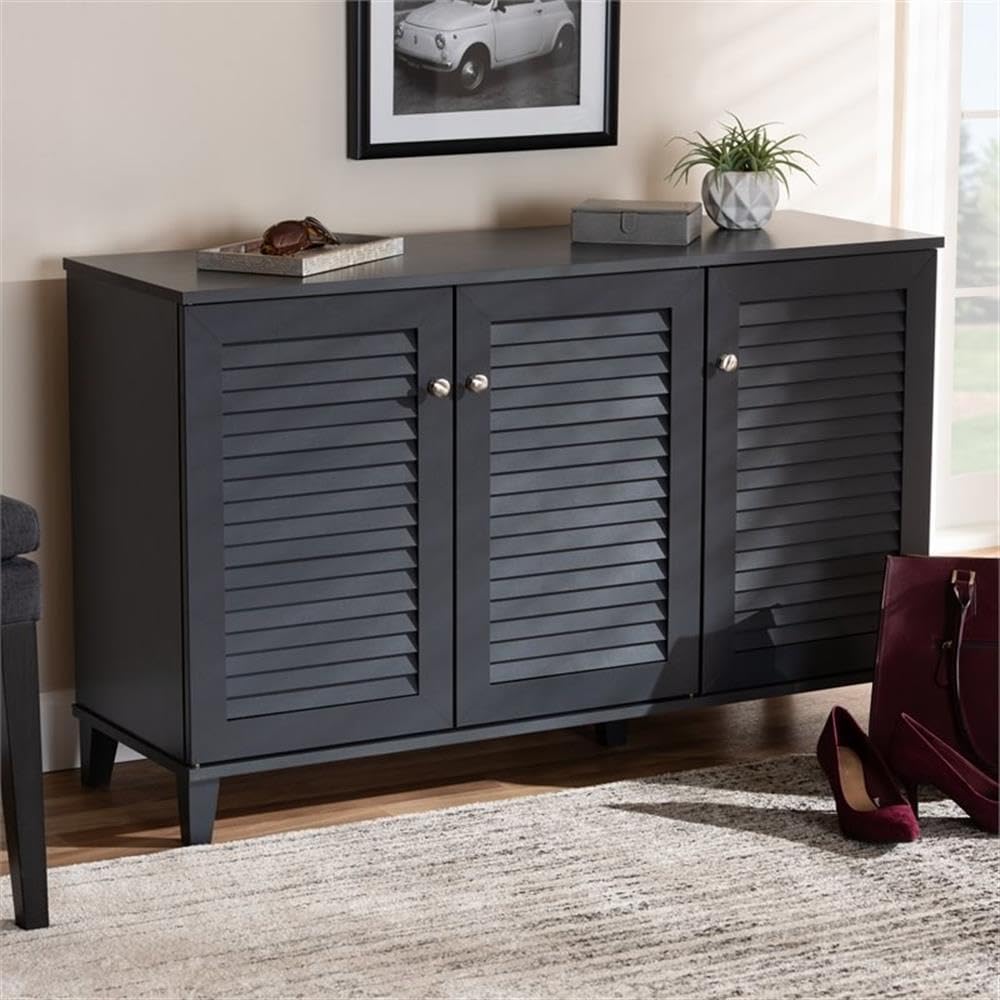Baxton Studio Coolidge Modern 8-Shelf Shoe Storage Cabinet - Dark Grey Wooden Organizer for Entryway, Closet & Bedroom Shoe Display