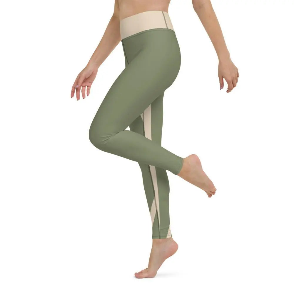 High Waist Stretchy Yoga Leggings with Side Pocket - Green & Champagne | Women's Workout Tights for Yoga, Gym & Running