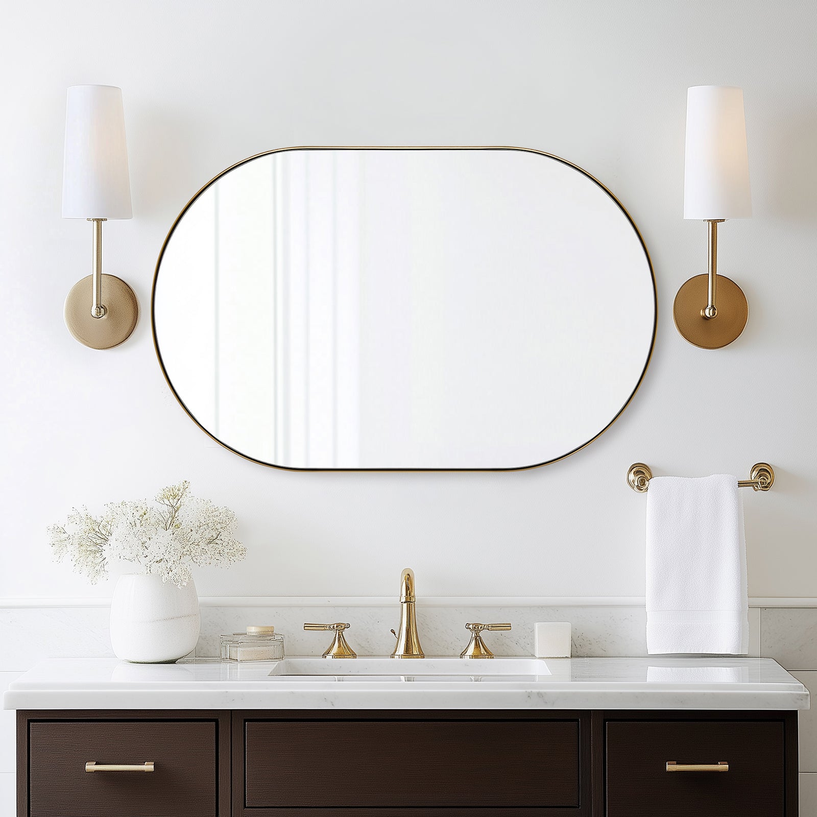 Modern Long Oval Pill-Shaped Capsule Wall Mirror with Stainless Steel Frame - Elegant Bathroom, Bedroom & Entryway Decor for Home & Office