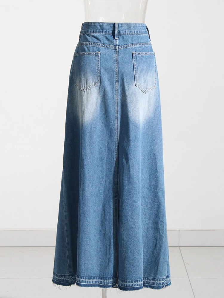 Women's High Waist A-Line Denim Skirt with Patchwork Pockets & Hollow-Out Design - Casual Fashion Skirt for Everyday Wear, Date Night & Office Outfits