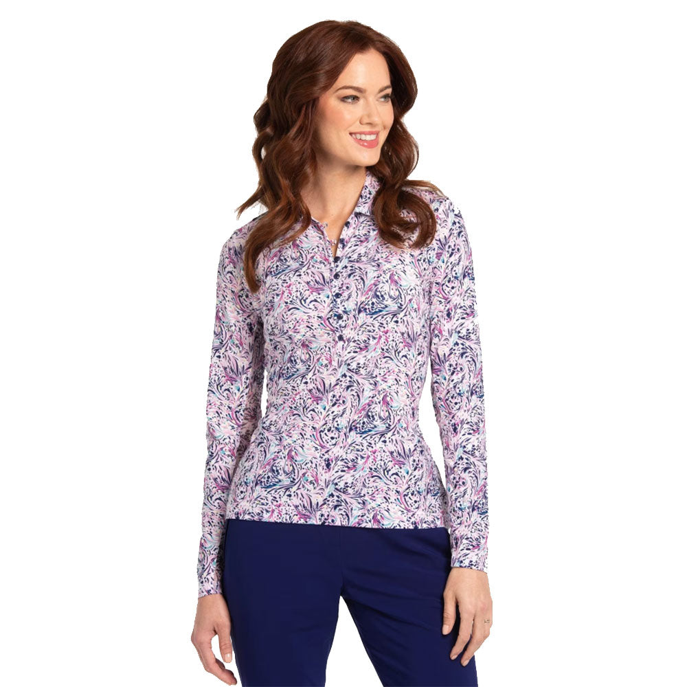 EP New York Spiral Paisley Long Sleeve Women's Golf Polo Shirt - Breathable Moisture-Wicking Performance Top for Golf, Tennis & Casual Wear