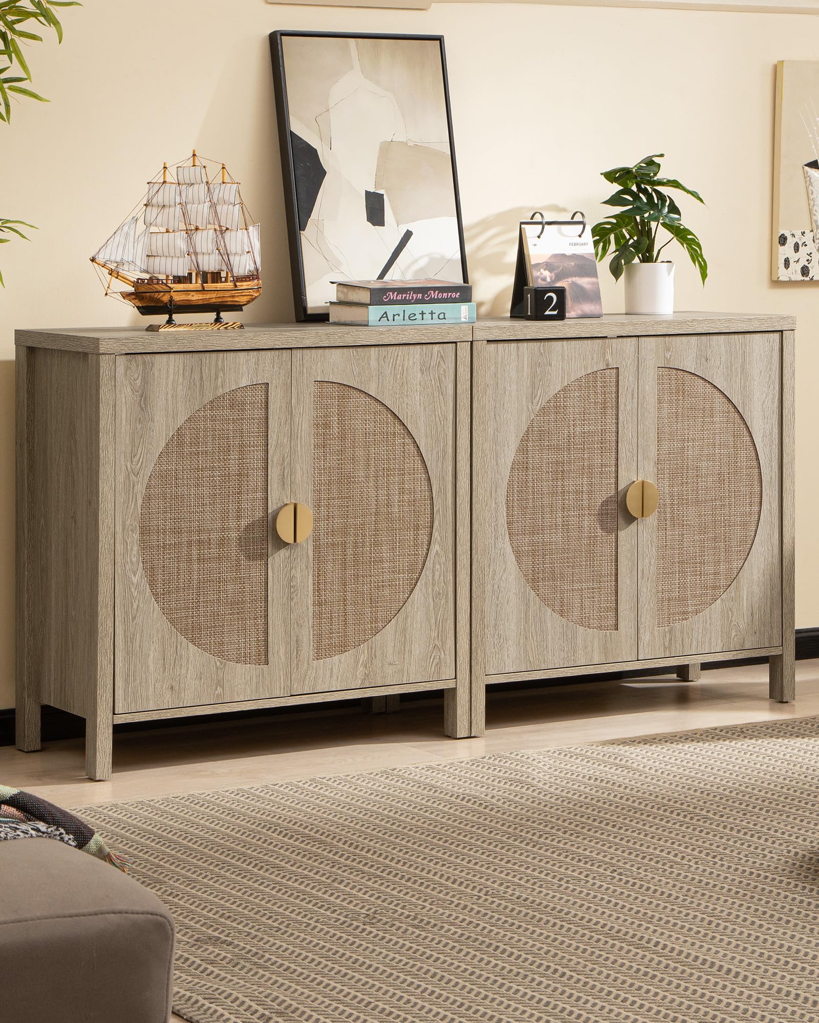 SICOTAS Rattan Buffet Cabinet - Boho Style Accent Sideboard with Adjustable Shelves, Storage Credenza Console Table for Dining Room, Living Room, Entryway & Kitchen - Natural Woven Rattan Furniture for Home Decor & Organization