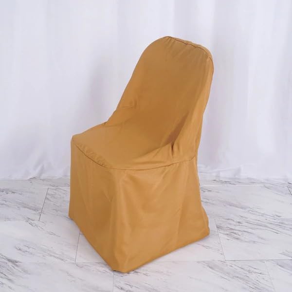 50 Pack Gold Polyester Folding Chair Covers - Elegant Wedding Reception Chair Slipcovers for Banquet, Party & Event Decorations - Waterproof & Wrinkle-Resistant