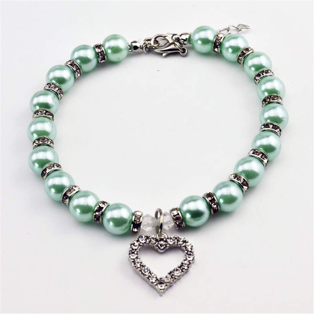 Premium Crystal Heart Pet Necklace for Small Dogs & Cats - Bling Pearls Rhinestones Charm Collar for Chihuahua, Yorkie, Puppy Costume Outfits (Green, M:10-12