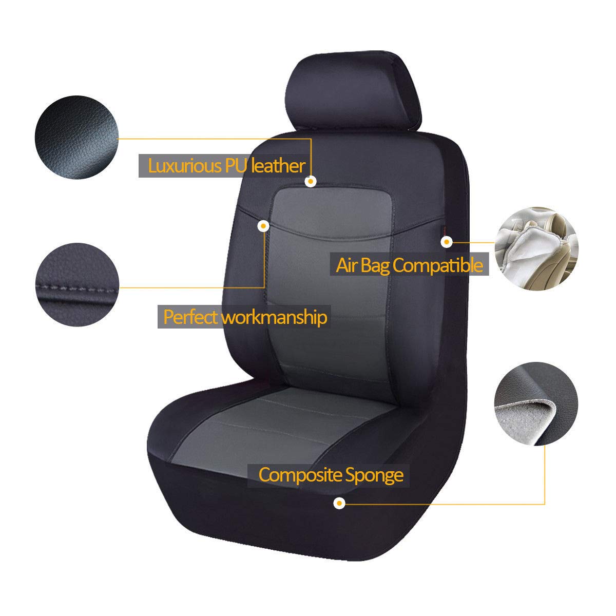 Premium Leather Car Seat Covers for 2 Front Seats - Waterproof, Black with Gray (Middle Gray) - Perfect for SUVs, Trucks & Sedans - Protects Seats from Spills, Pets & Wear