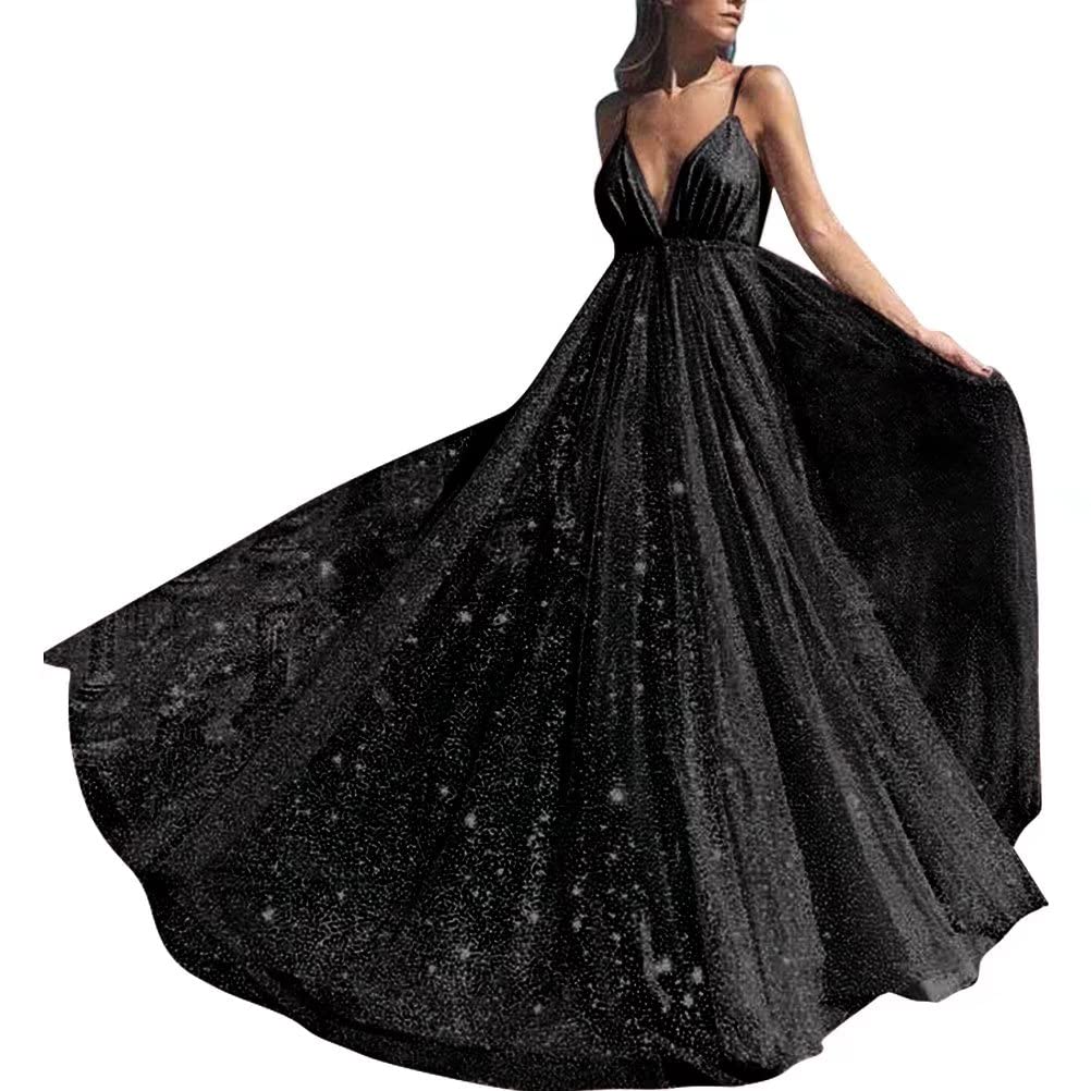 Elegant Sparkling Deep V-Neck Prom Dress for Women - Long Backless Tulle Formal Evening Gown for Homecoming, Wedding, Party & Special Occasions