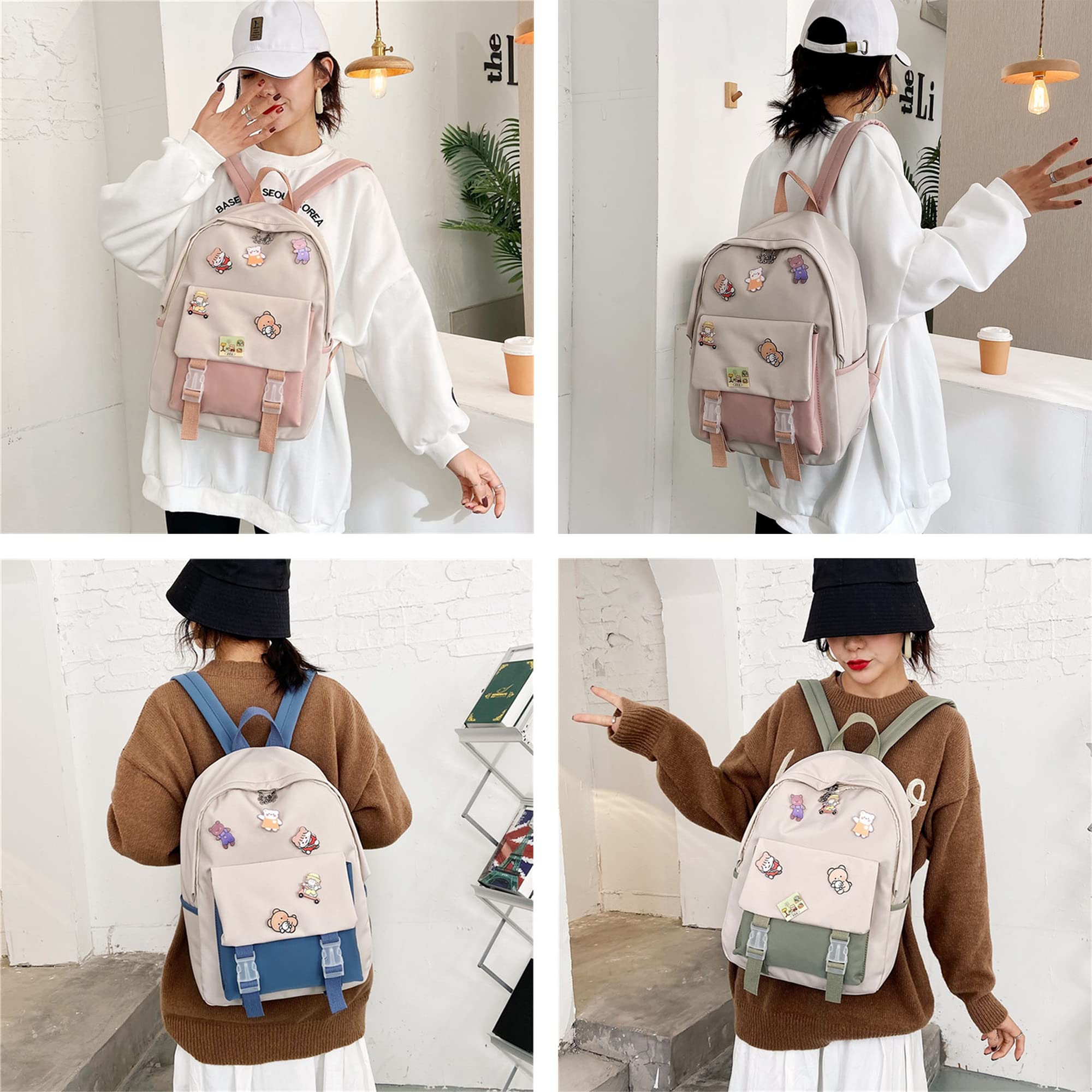 Stylish 15.7 Inch Kawaii Aesthetic Backpack for Women - Cute Japanese College School Bag with Badge Holder (Black) - Perfect for School, Travel & Everyday Use