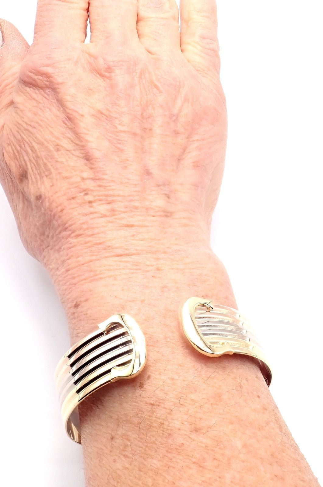 Authentic Cartier 18k Tri-Color Gold Double C Wide Cuff Bangle Bracelet for Women - Luxury Jewelry Gift for Anniversary, Birthday & Special Occasions