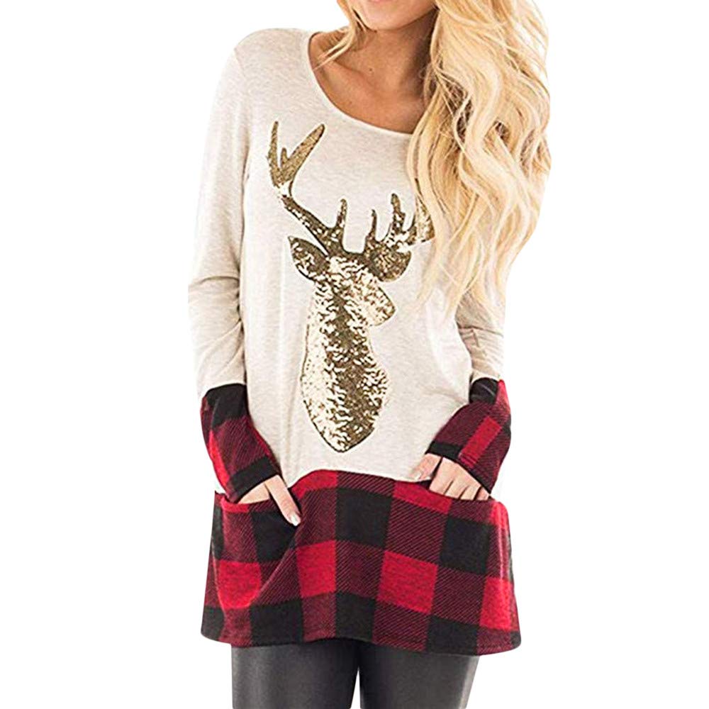 Women's Plaid Reindeer Christmas Tunic Top - Long Sleeve Cute Pullover Blouse with Splice Hem | Holiday Party Outfit, Casual Winter Wear, Office Christmas Attire