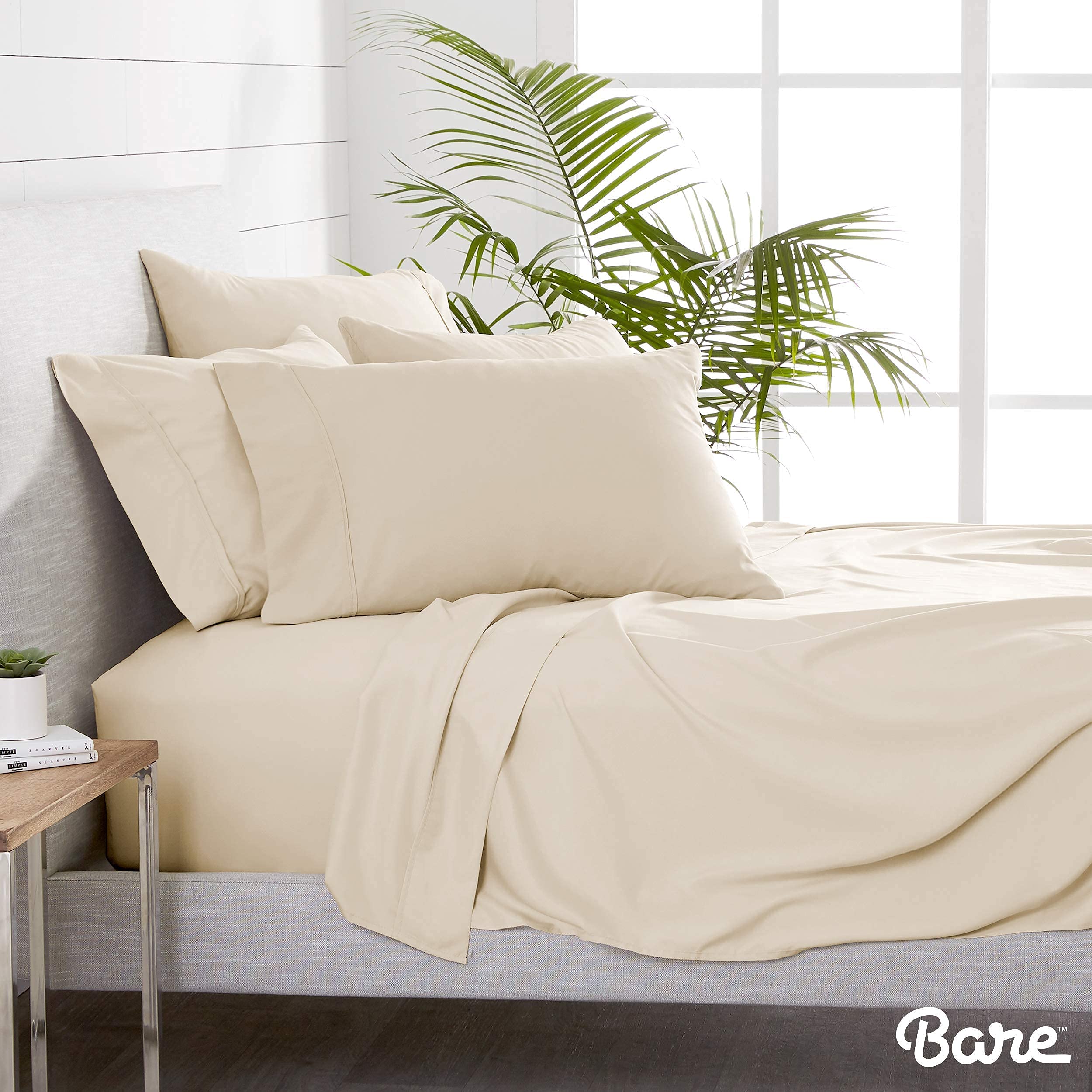 Bare Home 7-Piece Microfiber Sheet Set with 4 Pillowcases - Split King Size, Soft Sand Color - Ultra Soft Bedding Bundle for Master Bedroom & Guest Room