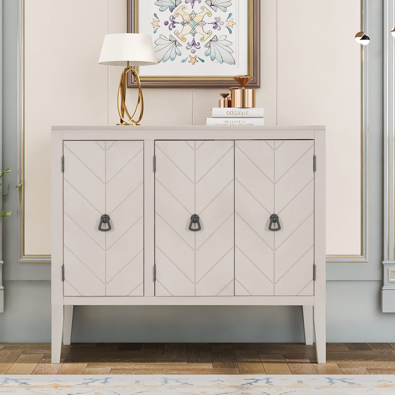 Antique Wooden Buffet Cabinet with Storage - Adjustable Shelves, 3 Doors & Anti-Skid Handles - Entryway, Living Room, Bedroom Sideboard for Dining Room Storage & Home Decor