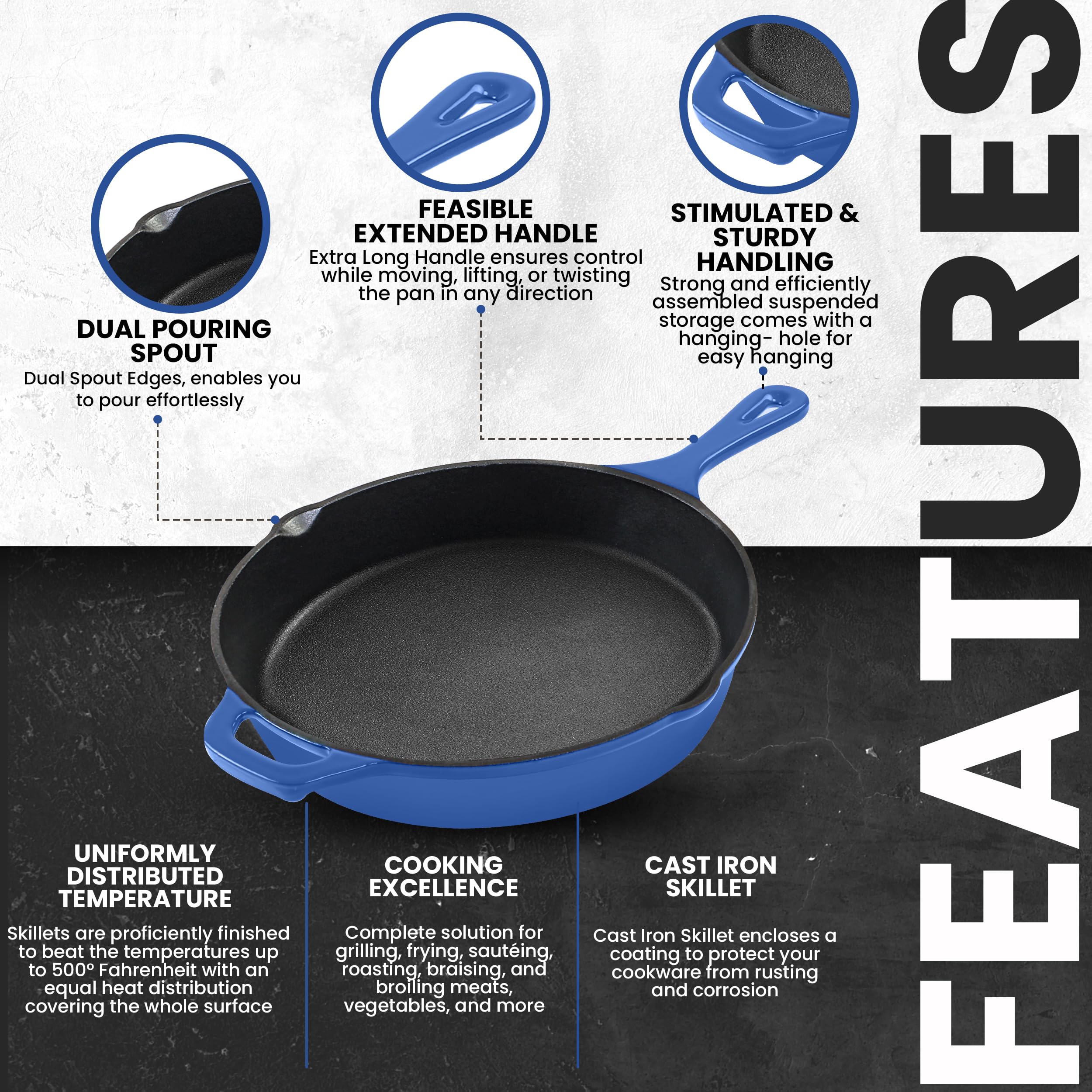 Utopia Kitchen 10.25 Inch Cast Iron Skillet - Pre-Seasoned Chef's Pan for Sauteing, Frying & Grilling | Indoor & Outdoor Safe Cookware | Perfect for Camping, BBQ & Home Cooking (Blue)
