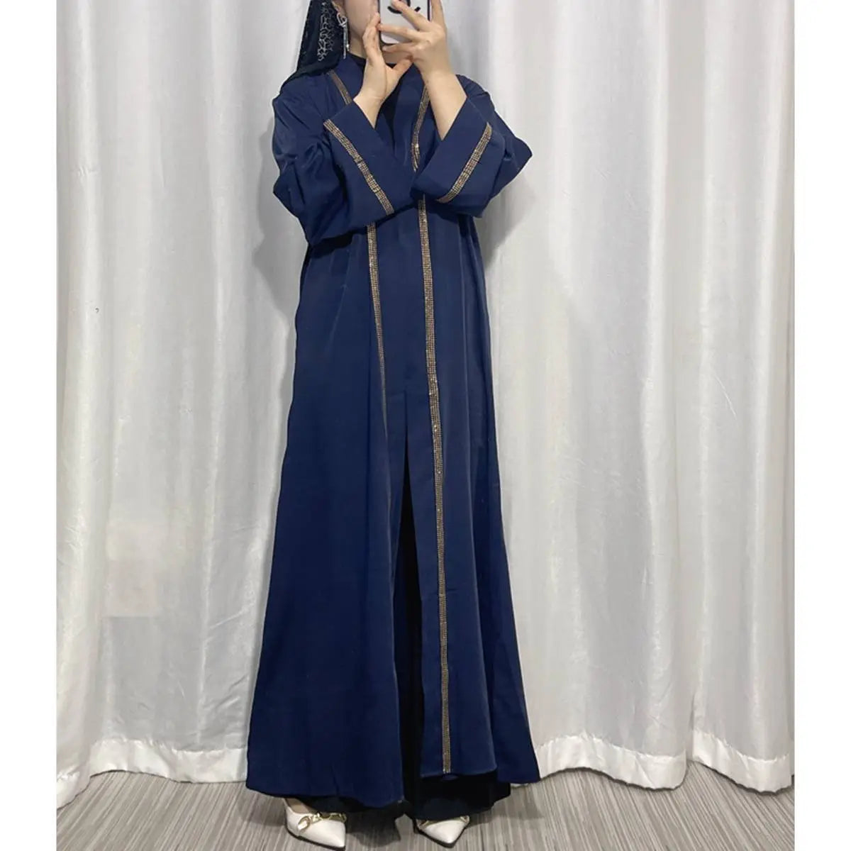 Hotfix Rhinestone Trim Muslim Women's Cardigan Open Abaya Dress - Elegant Islamic Fashion for Prayer, Wedding & Special Occasions