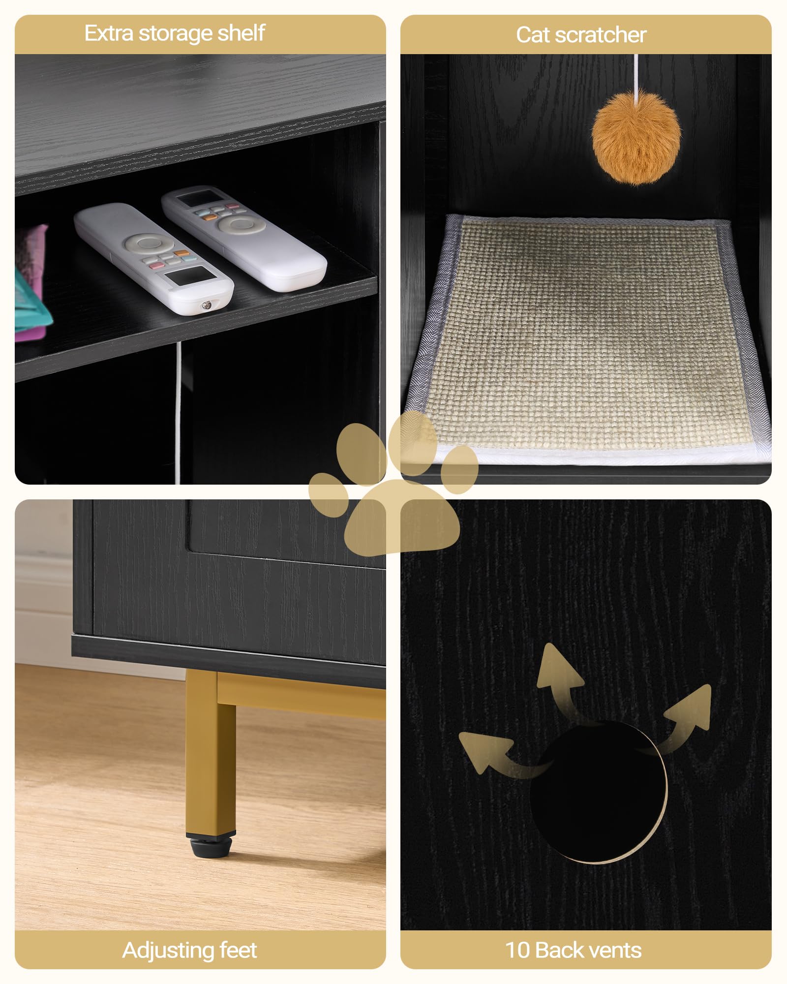 Hidden Cat Litter Box Furniture Enclosure - Wooden Pet House Side Table with Storage Cabinet, 55.2 x 19.7 x 23.9 Inches, Black & Gold CB81504A - Perfect Discreet Litter Box Solution for Living Room, Bedroom or Small Spaces
