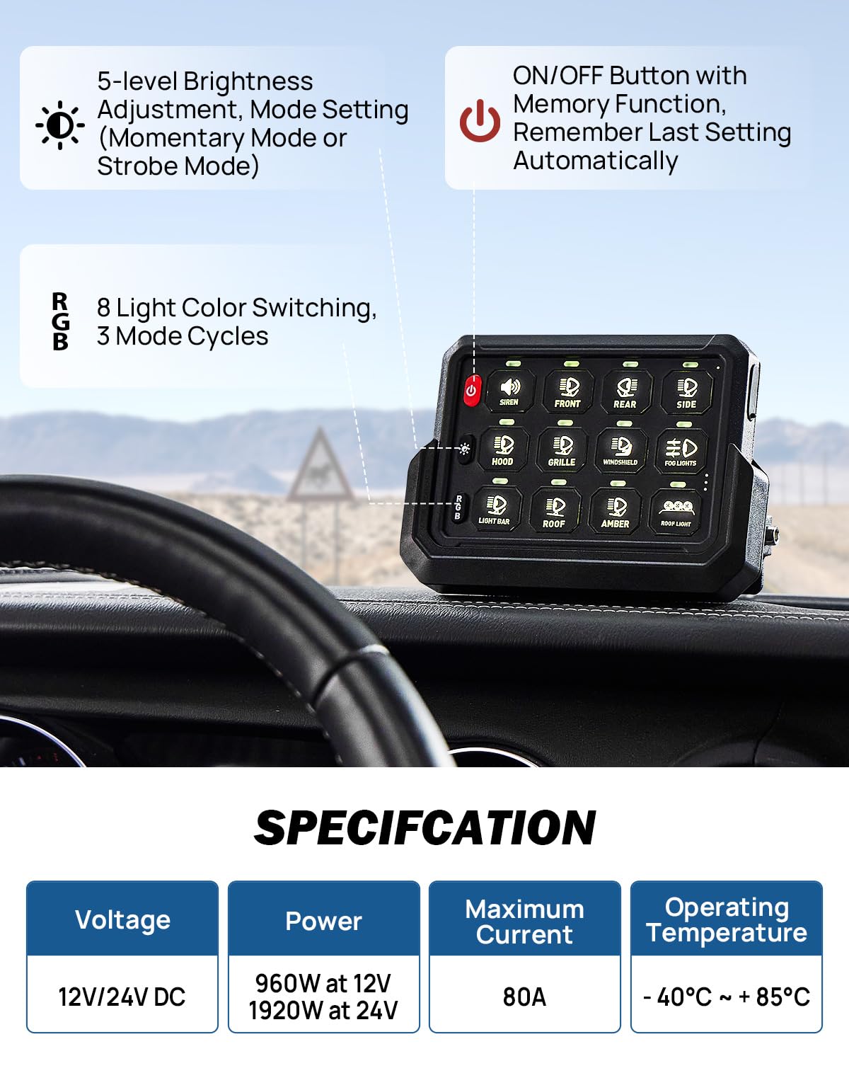 JOYTUTUS Wireless RGB 12 Gang Switch Panel - 5-Level Brightness & 8 Color Options - Universal Relay Control System for Offroad Lights - Waterproof Switch Panel for Trucks, Boats, UTVs, SUVs & Pickups - Perfect for Offroading, Marine & Vehicle Customization