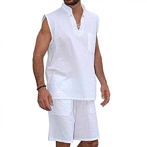Men's 2-Piece Linen Outfit - Breathable Tank Top & Shorts Set | Summer 2022 Linen Fashion | Cool Hippie Style Sleeveless Suit | Perfect for Beach Vacation, Yoga & Casual Wear