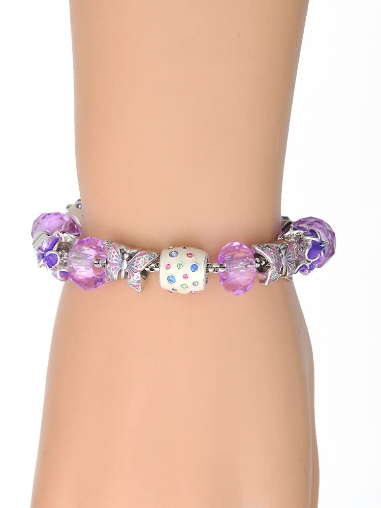 Delight Jewelry Silvertone Chicken 3D Purple Butterfly Beaded Charm Bracelet with 7
