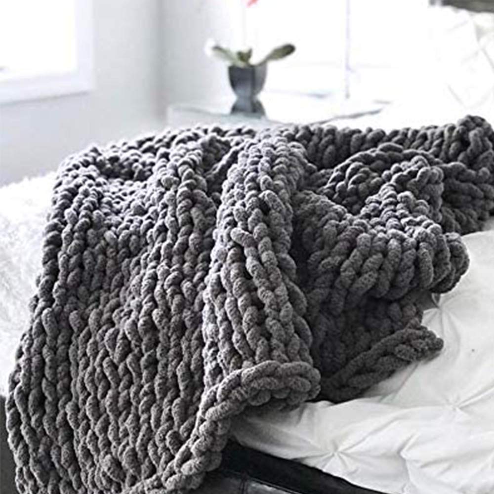 51x67 Inch Chunky Knitting Chenille Yarn Blanket - Handmade Jumbo Dark Grey Soft Throw for Couch, Bed & Home Decor | Fluffy Cable Knit Blanket Machine Washable | Cozy Winter Blanket for Living Room, Bedroom & Gift