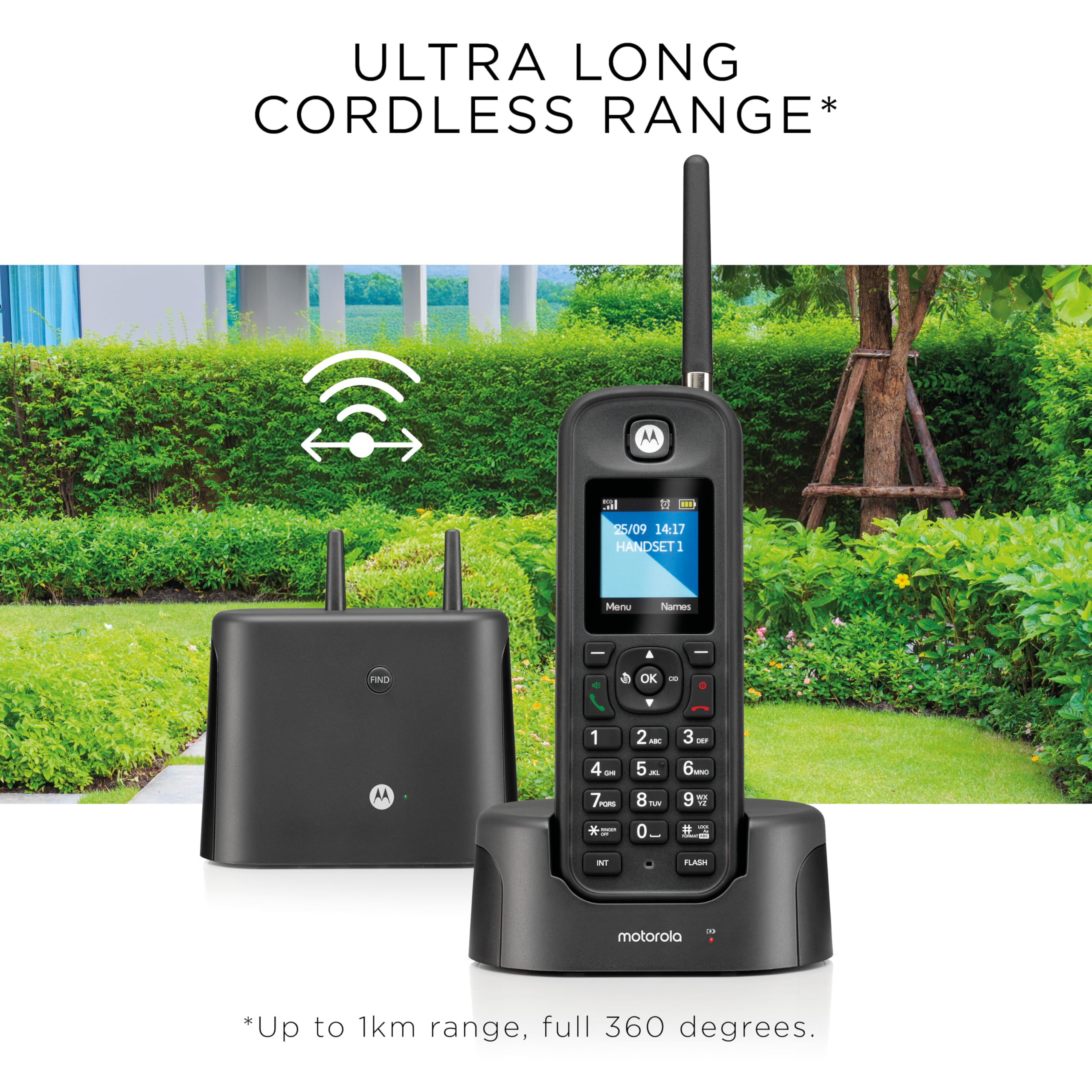 Motorola O214 DECT 6.0 Long Range Cordless Phone with Answering Machine - 4 Handsets, IP67 Water & Dust Resistant for Home & Office Use - Indoor/Outdoor Wireless Phone System for Business, Warehouse, and Large Homes (Black)