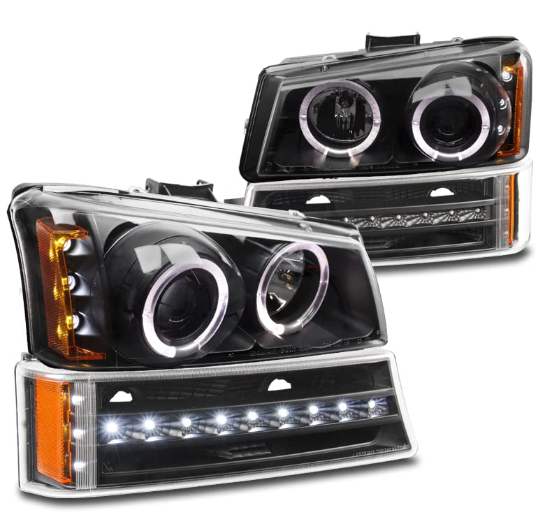LED Halo Projector Headlights with Bumper Lights - Compatible with 2003-2006 Chevy Silverado & Avalanche - Black Housing for Enhanced Night Visibility & Style (Perfect for Off-Roading & Night Driving)