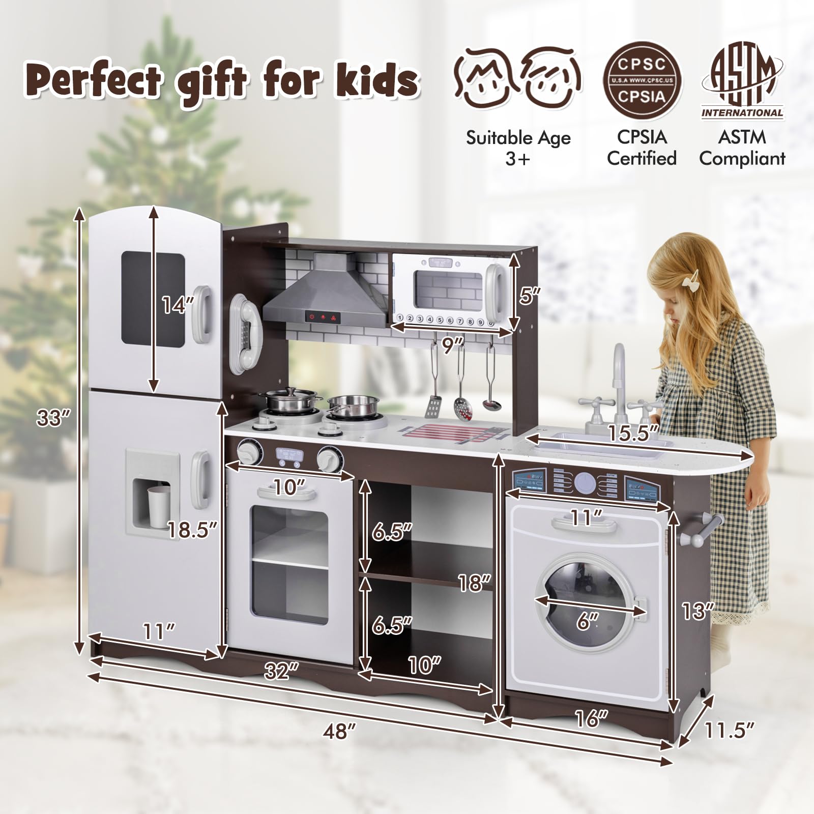 Costzon 2-Piece Wooden Play Kitchen Set with Washing Machine, Range Hood & Ice Maker - Interactive Kids Pretend Kitchen Toy with Sounds, Lights, Blackboard & Telephone - Ideal Gift for Toddlers Ages 3+ (Brown) - Perfect for Imaginative Play, Role-Playing & Early Learning at Home or Preschool