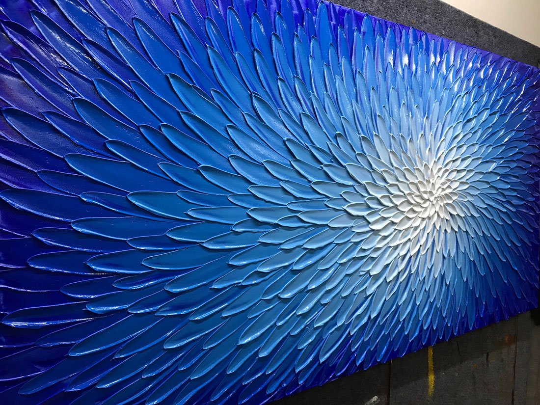 24x48 Inch Hand Painted Modern Blue White Flower Oil Painting - Wood Framed Abstract Wall Art Decor - Textured Acrylic Canvas for Living Room, Bedroom & Office