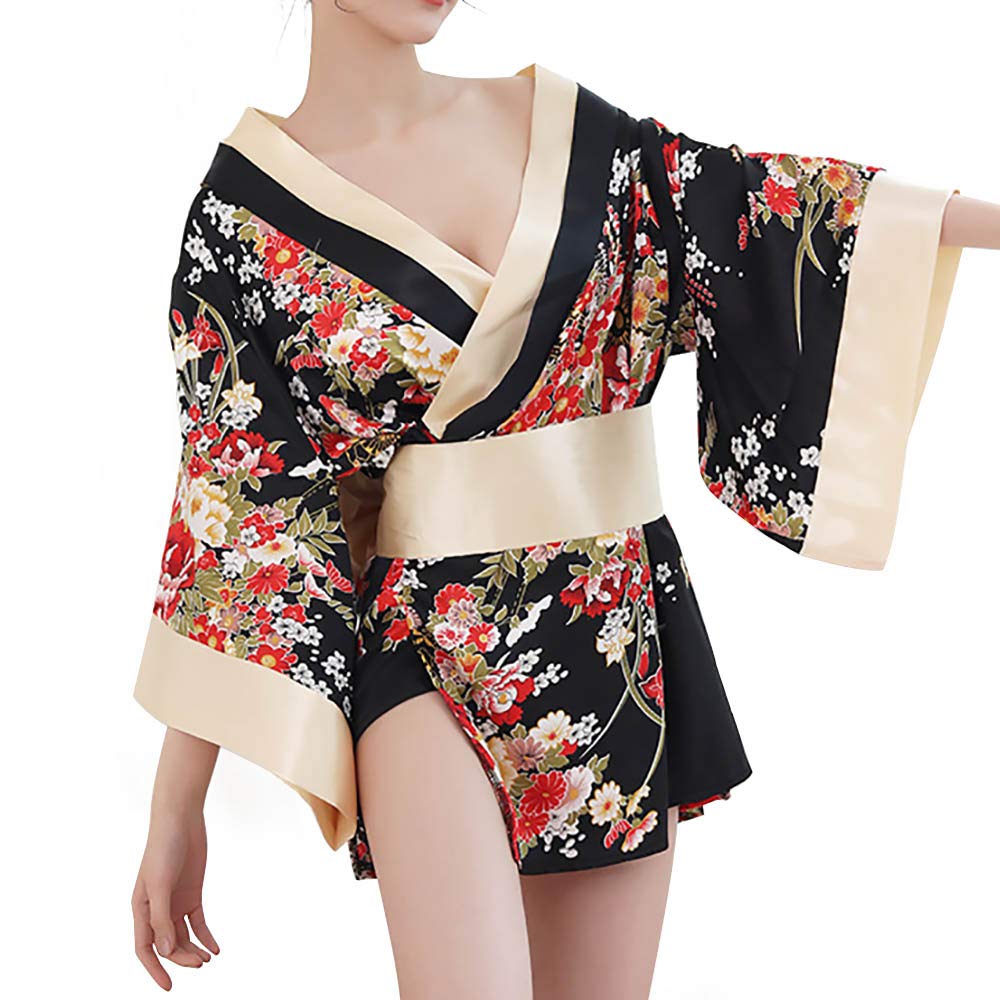 HongH Women's Sexy Kimono Lingerie - Pink Blossom Pattern Mini Kimono Dress, Nightgown & Bathrobe with Obi Belt | Perfect for Boudoir, Sleepwear & Spa Relaxation
