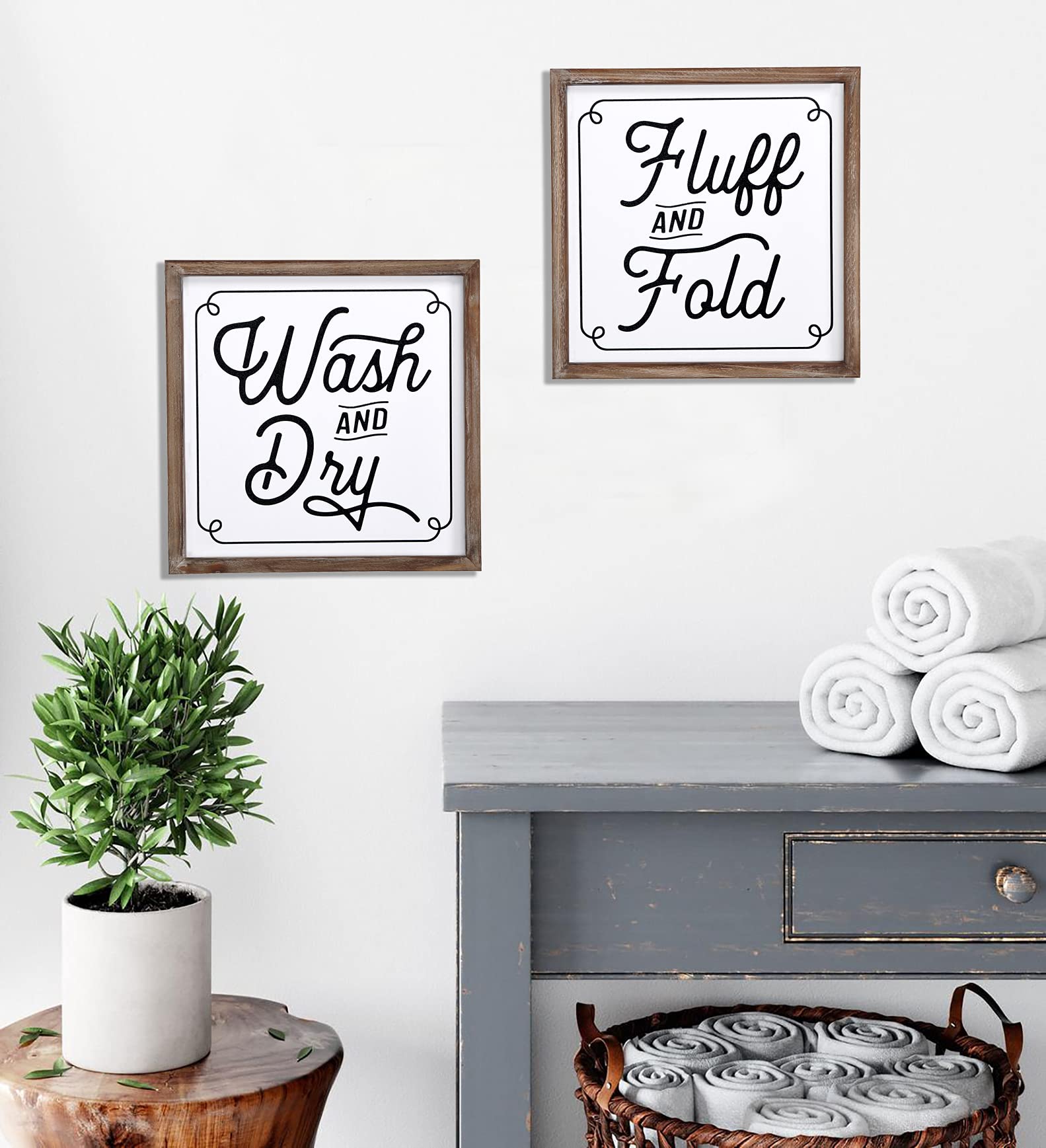 Rustic Wood Frame Fluff and Fold Laundry Sign - Modern Farmhouse Wall Hanging Decor for Laundry Room, Shelves & Tabletop | Perfect for Home, Apartment & Laundromat Decor