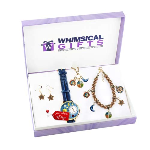 Whimsical Astrology Watch & Jewelry Set (4-Piece, Gold) - Perfect for Birthday Gifts, Zodiac Lovers & Fashion Accessories