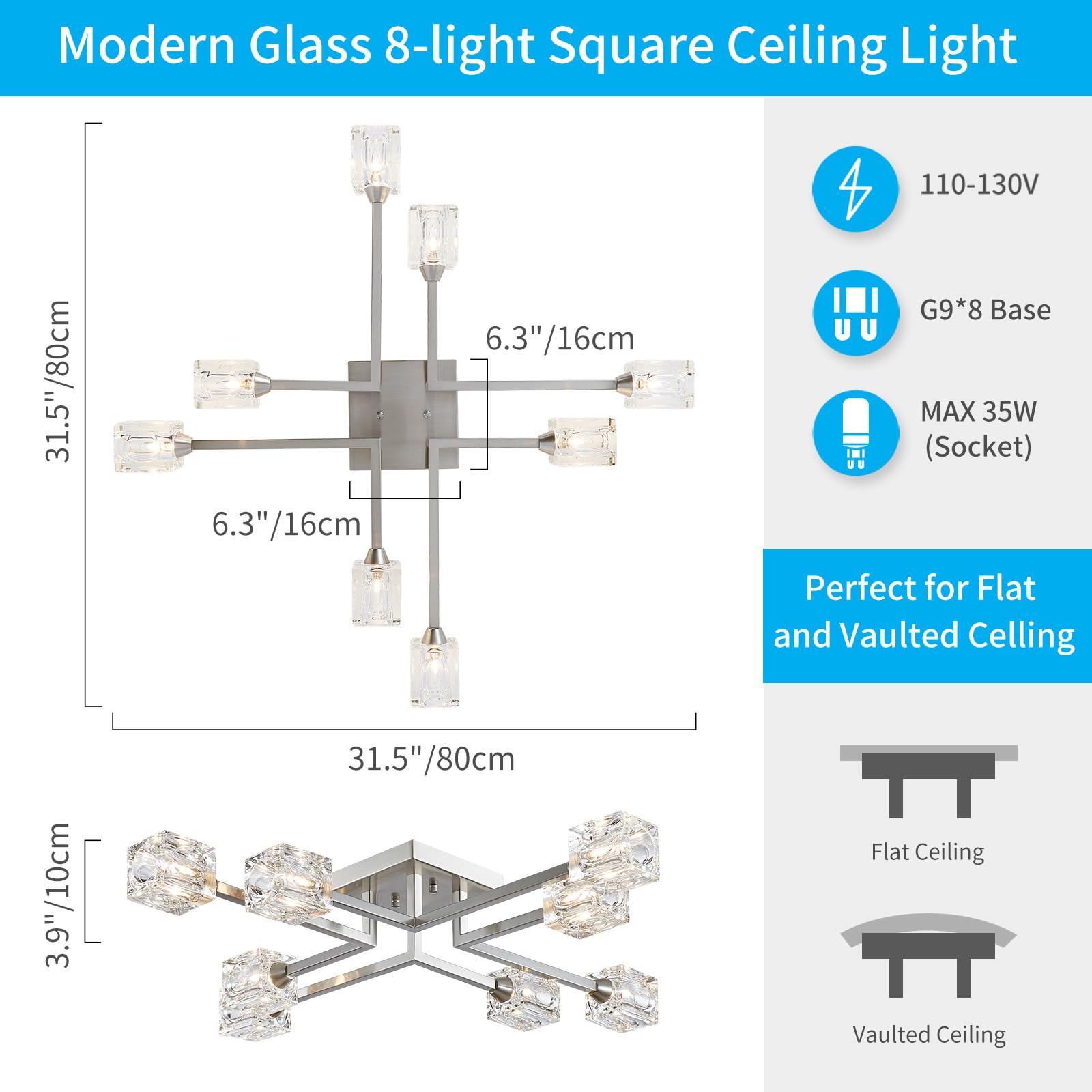XINGQI 8-Lights Modern Semi Flush Mount Ceiling Light Fixture - Brushed Nickel Sputnik Chandelier for Dining Room, Living Room, Kitchen, Bedroom & Entryway - Elegant Lighting Solution for Home Decor & Interior Design