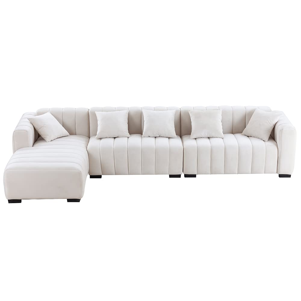 Kevinplus 140'' L-Shaped Sectional Sofa with Chaise Lounge - Modern Velvet 5-Seat Couch for Living Room, Home Office & Apartment - Includes 5 Pillows (Left Chaise, Beige) | Perfect for Family Gatherings, Movie Nights & Contemporary Home Decor