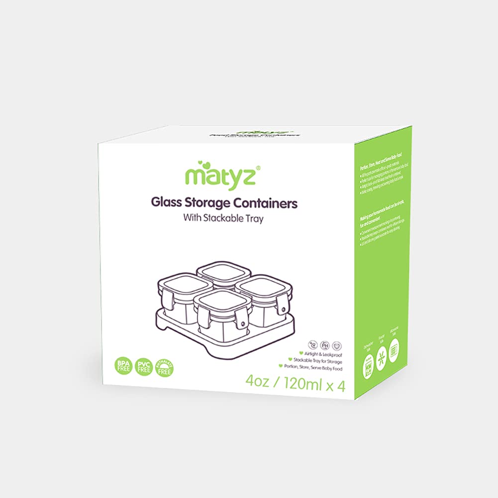 Matyz 4-Pack 4oz Baby Food Storage Glass Jars with Airtight Lids & Stackable Tray - BPA-Free Microwave & Freezer Safe Containers for Homemade Purees - Perfect for Travel, Daycare & On-the-Go Feeding (Mint Green)