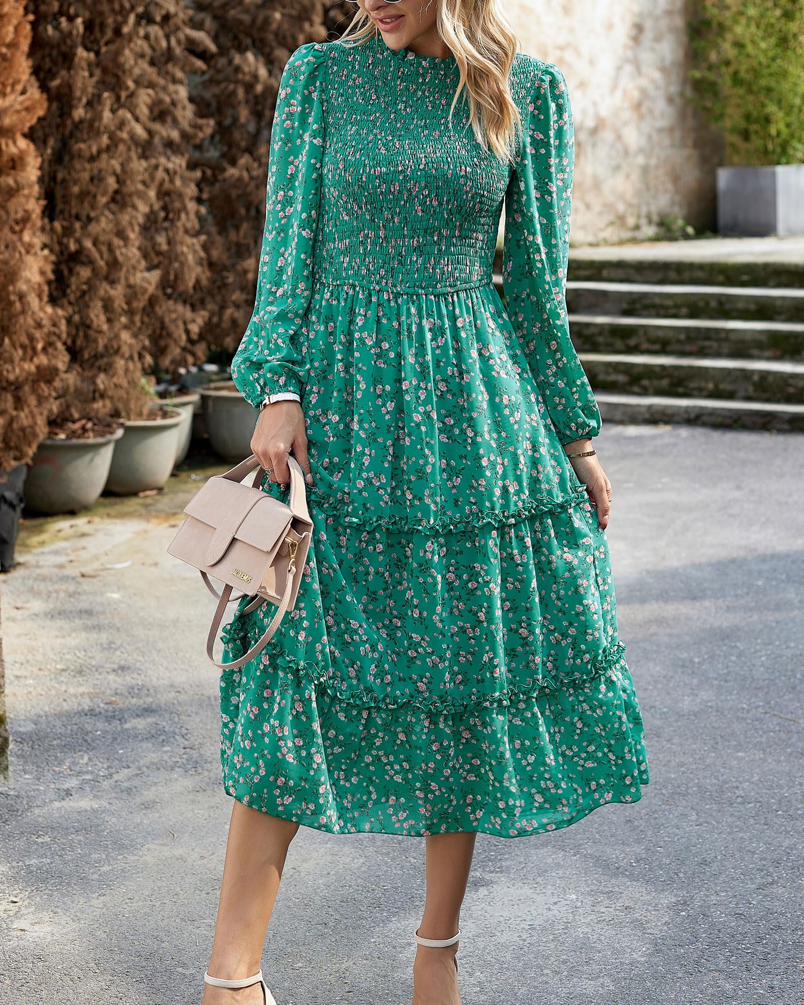 NOLLSOM Women's Floral Boho Maxi Dress - Long Sleeve Crew Neck A-Line Flowy Wedding Guest Dress for Spring 2025 | Perfect for Casual Wear, Beach Vacations & Special Occasions