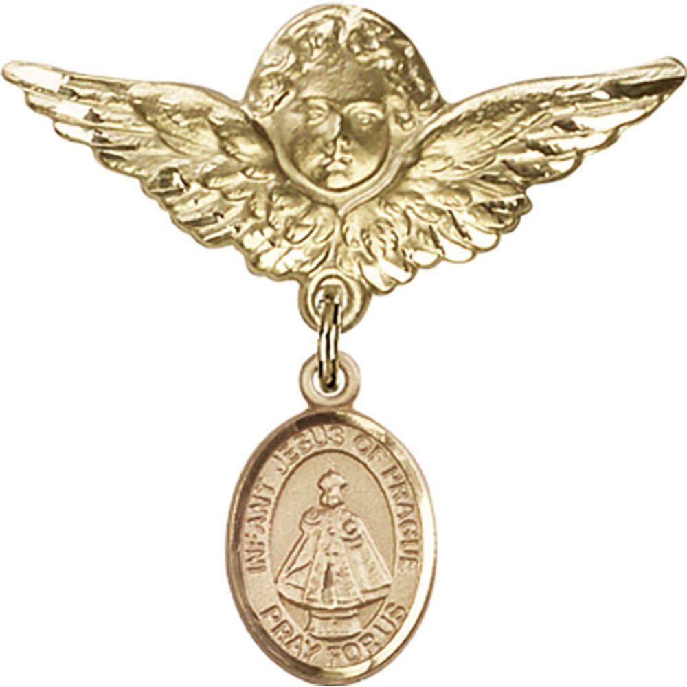 Gold Filled Baby Badge Pin with Infant of Prague Charm & Angel Wings - 1 1/8 X 1 1/8 inches - Perfect for Christening Gifts, Baby Showers & Religious Keepsakes