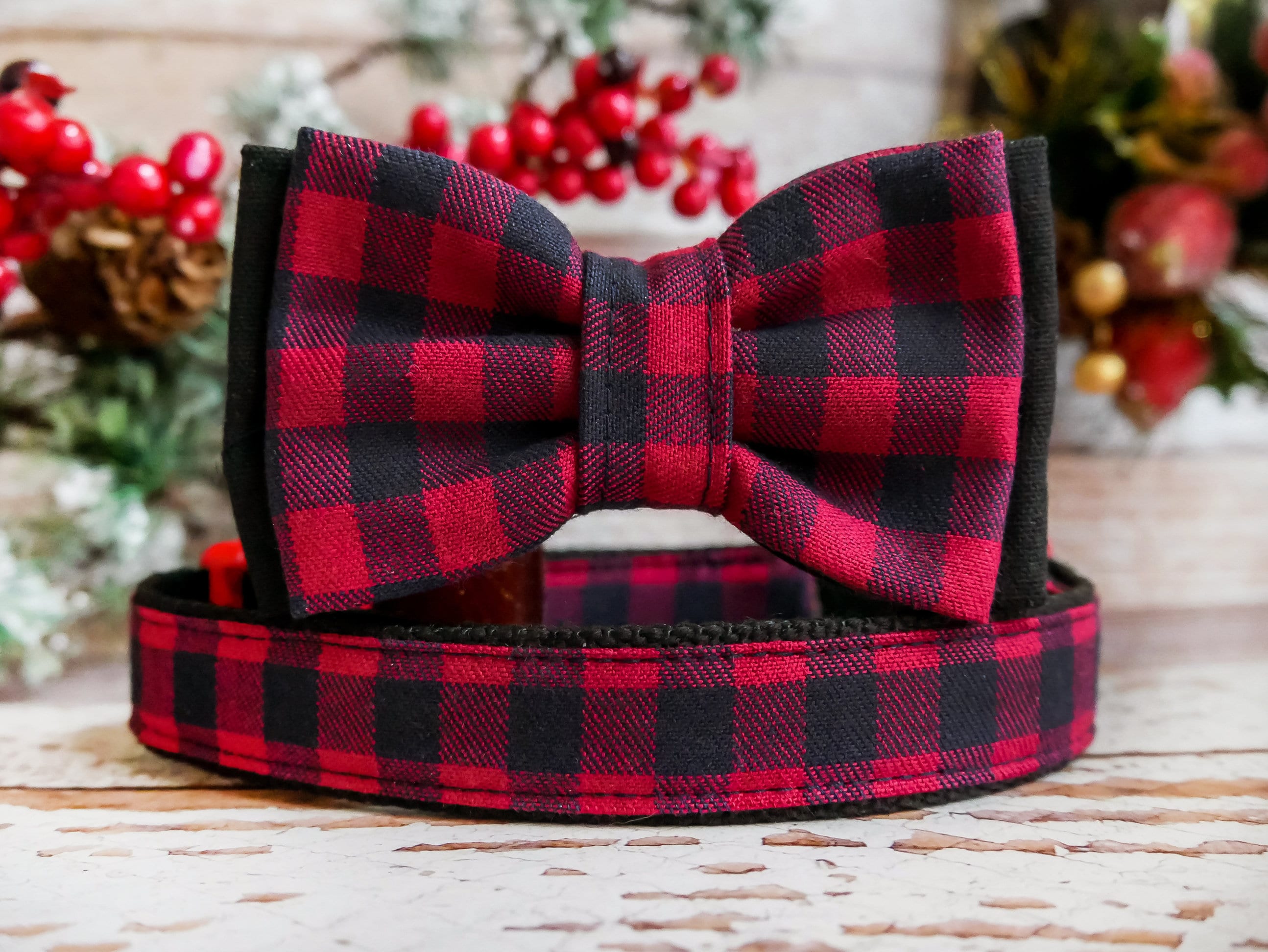 Festive Buffalo Plaid Dog Collar with Bow Tie - Perfect for Christmas, Holidays & Pet Parties | Durable & Adjustable Pet Accessories for Small & Large Dogs