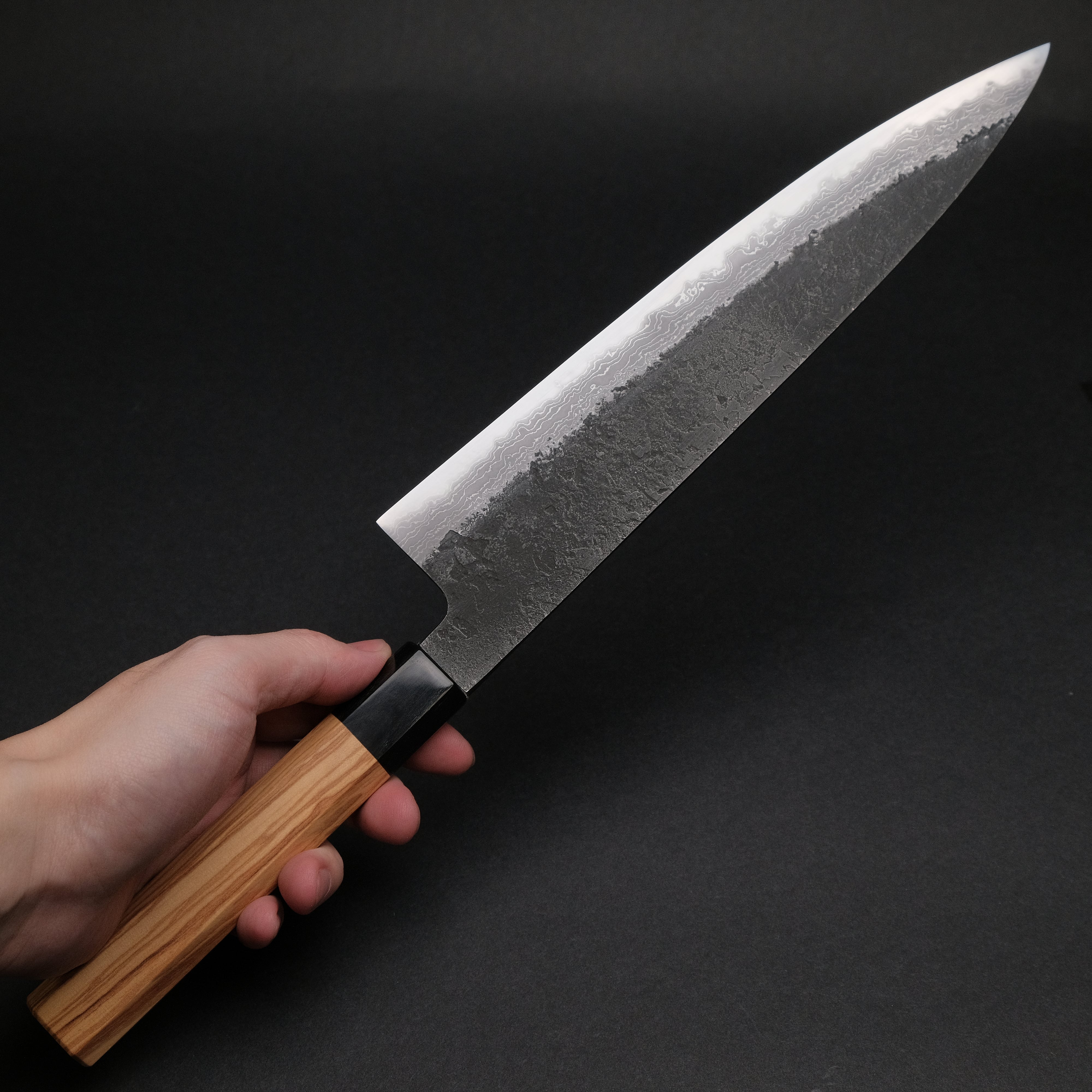 Premium Ajikataya White #2 Nashiji Damascus Gyuto 240mm Japanese Chef Knife - Olive Wood & Buffalo Horn Handle - Perfect for Sushi, Meat Slicing & Professional Kitchen Use