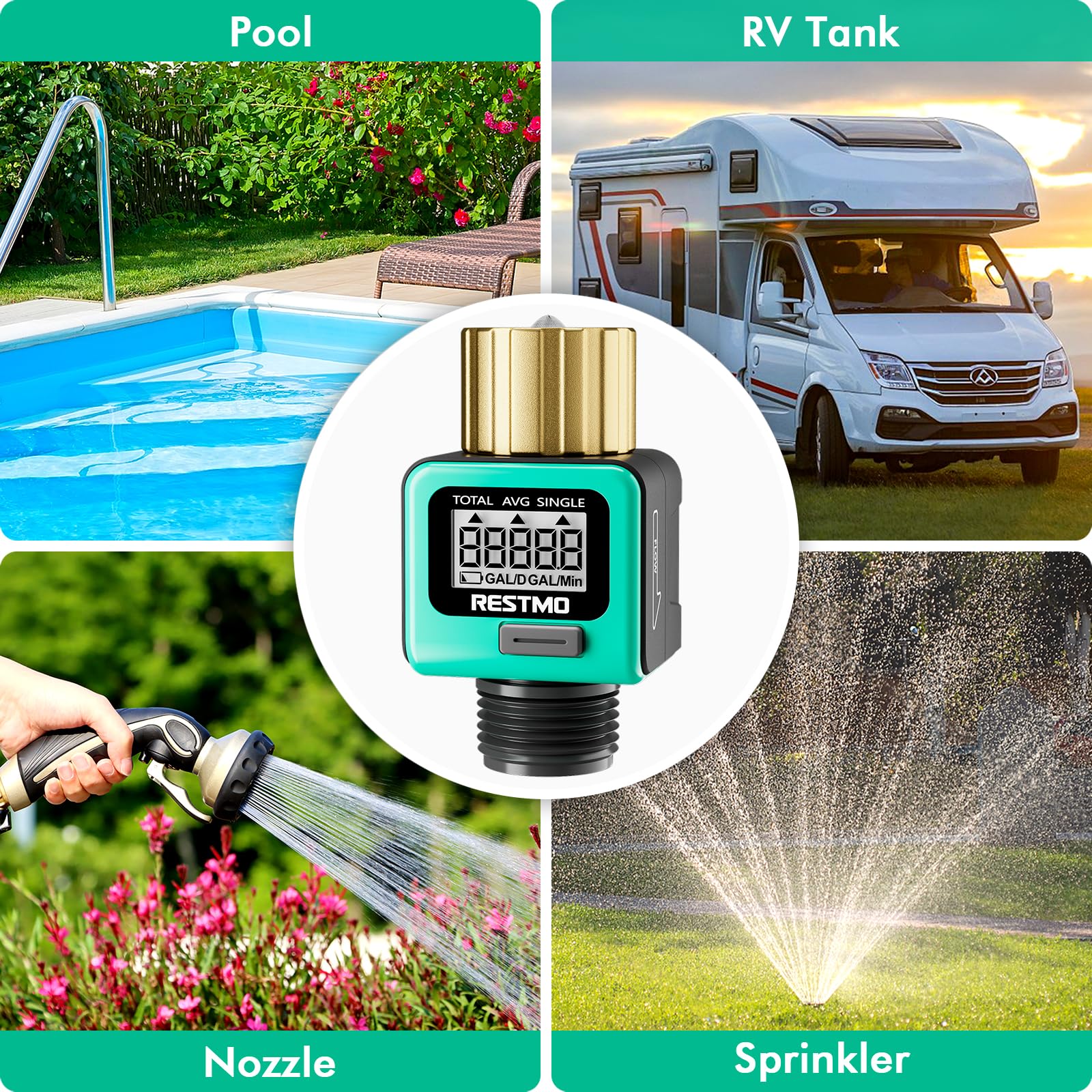 RESTMO Brass Water Flow Meter with Metal Thread - Accurate Gallon/Liter Measurement for Garden Hose, RV Tank & Lawn Sprinklers | Perfect for Outdoor Watering, Irrigation Systems & RV Water Management