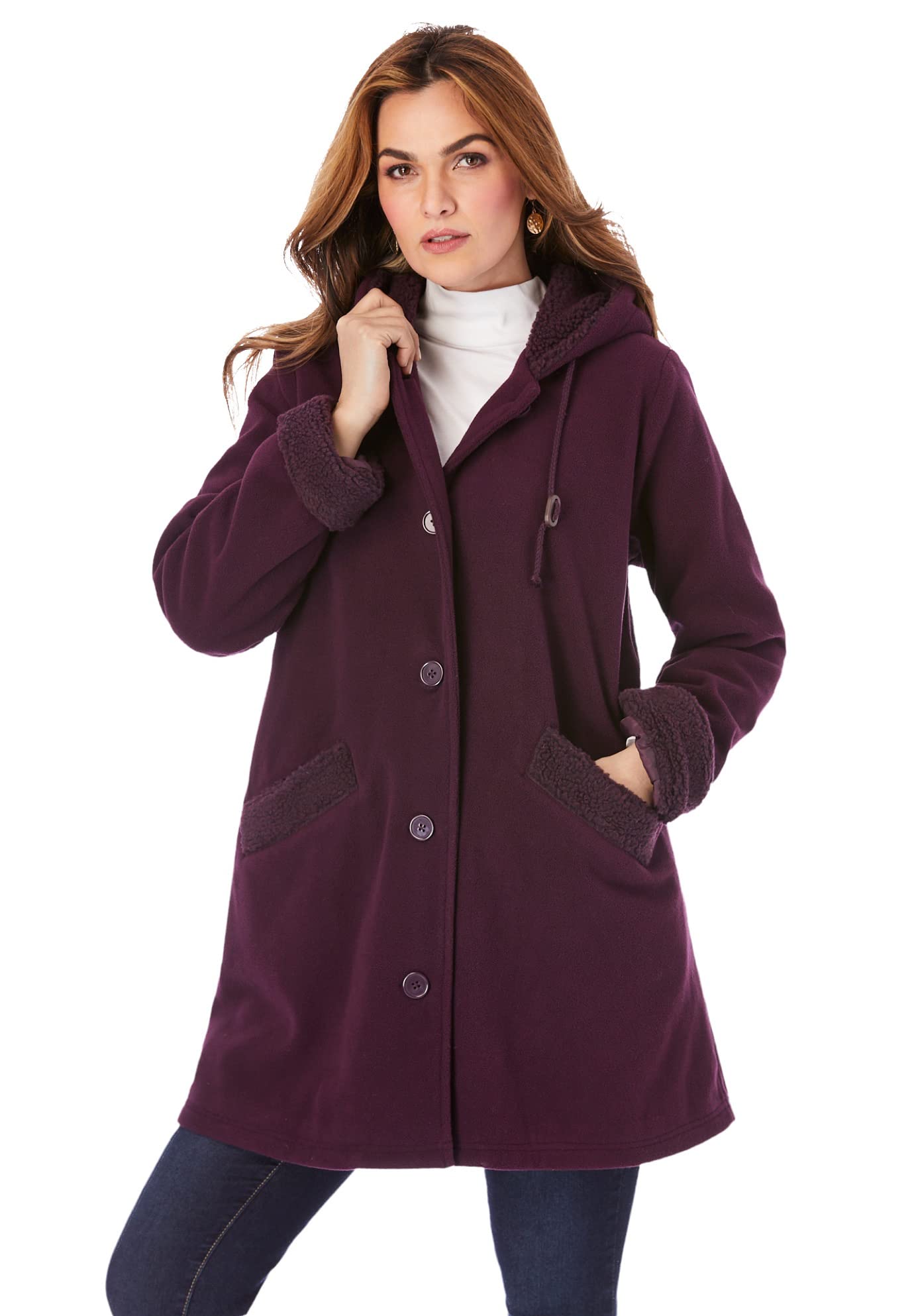 Roaman's Women's Plus Size Hooded Button Front Plush Fleece Coat - Warm Winter Jacket for Casual Outings & Outdoor Activities