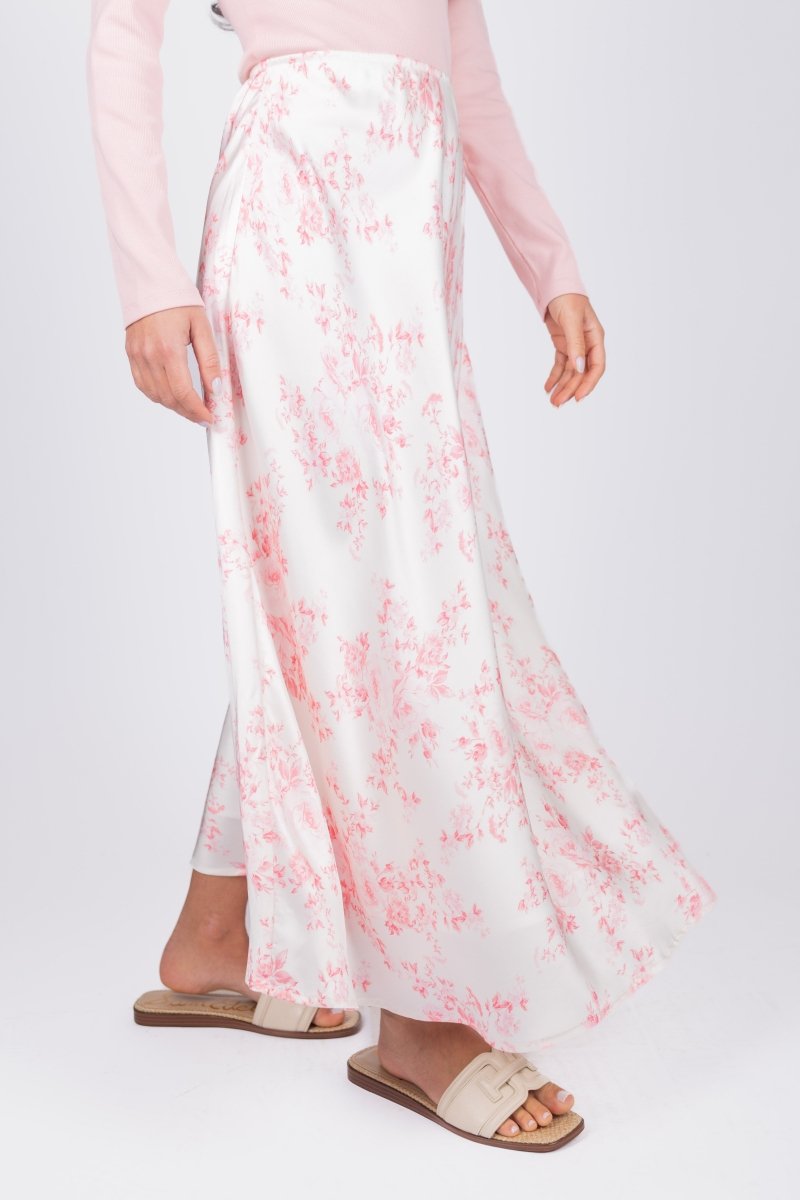 DAKOTA SKIRT Women's Floral Print A-Line Midi Skirt - Pink Flower Design, Comfortable Stretchy Waistband, Perfect for Spring & Summer Outfits, Casual Wear, Office, Dates & Parties