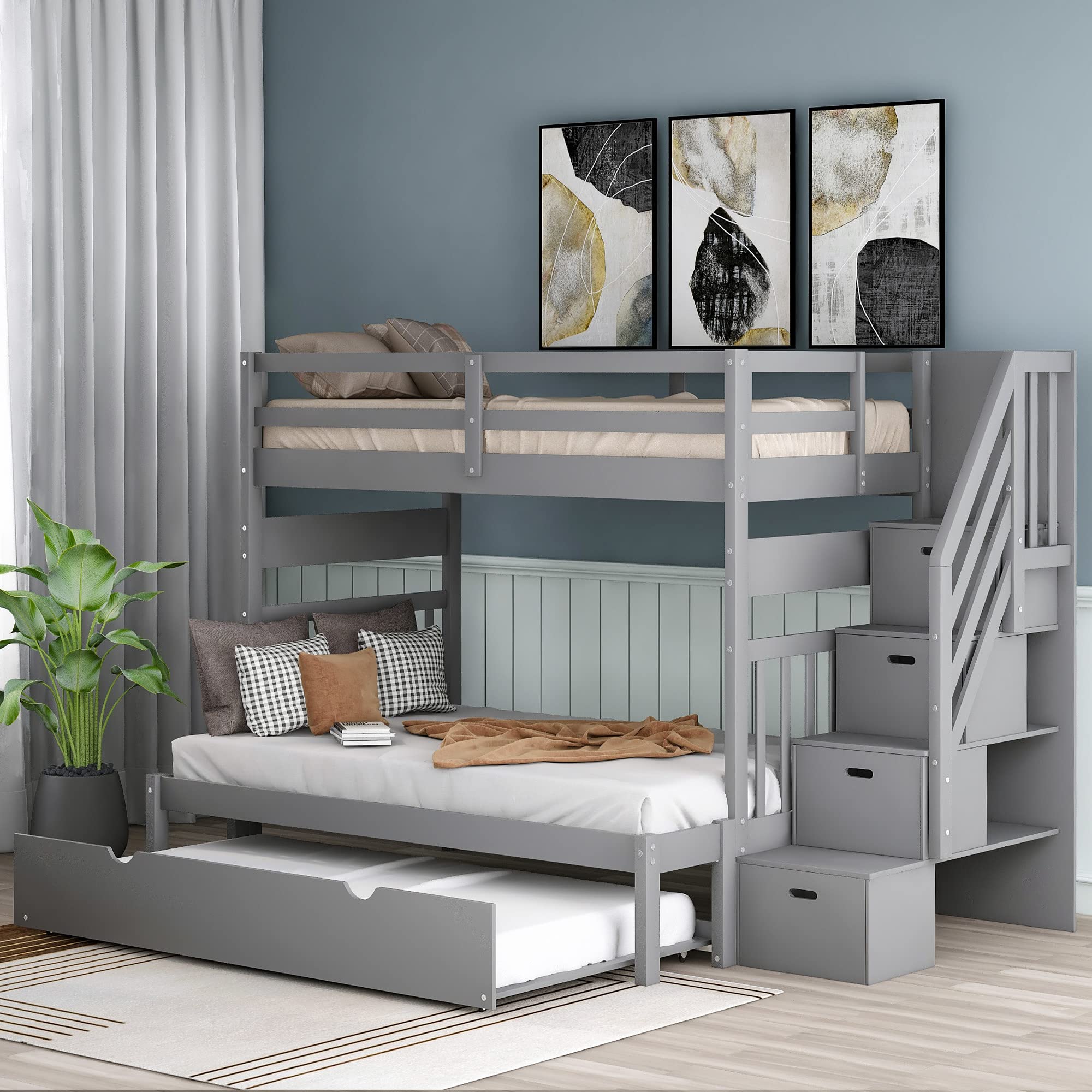 **Twin Over Twin/Full Bunk Bed with Detachable Trundle & Storage Shelves – Full-Length Guardrail for Teens & Adults – Space-Saving Bedroom & Guest Room Furniture (Grey)**    *Perfect for small bedrooms, kids' rooms, dormitories, or guest rooms – maximizes space while providing extra sleeping and storage options.*