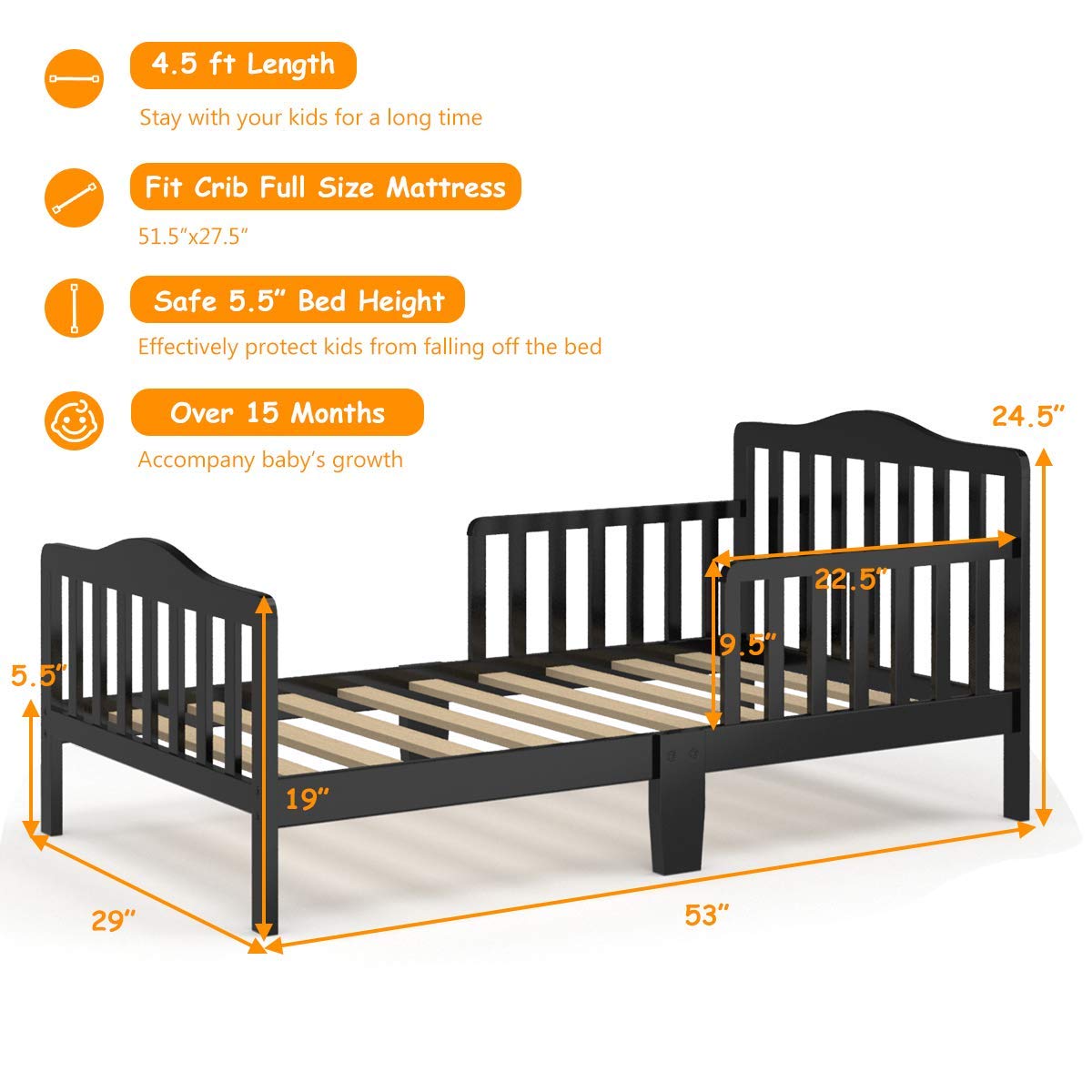 Costzon Toddler Wood Bed with Safety Rail - Low Floor Design for Boys & Girls - Perfect for Nursery & Kids' Room