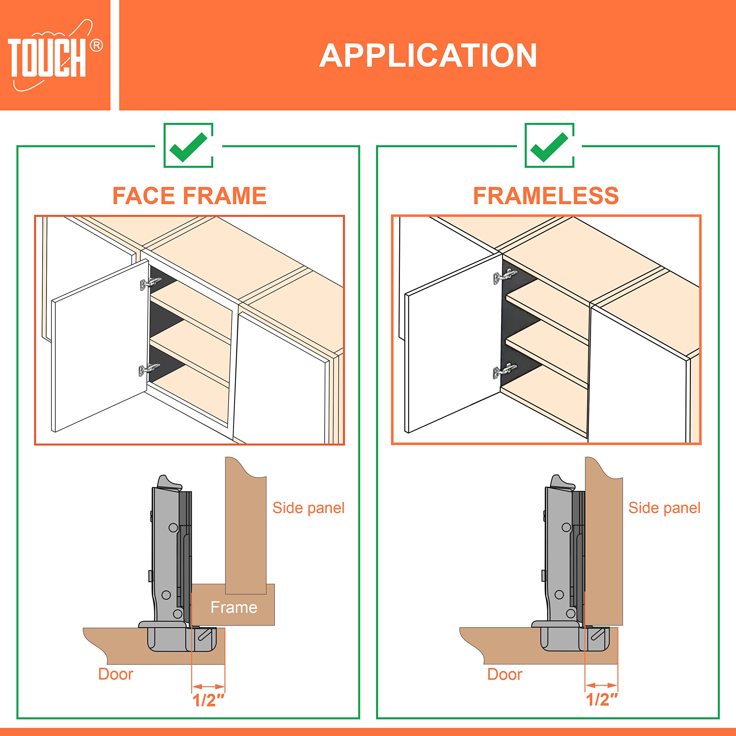 TOUCH Euro Style Cabinet Hinges - 20 Pairs (40 PCS) 1/2 Inch Face Frame Soft Close Nickel Plated Steel Hinges for Kitchen Cabinets, Bathroom Vanities & Furniture Installation