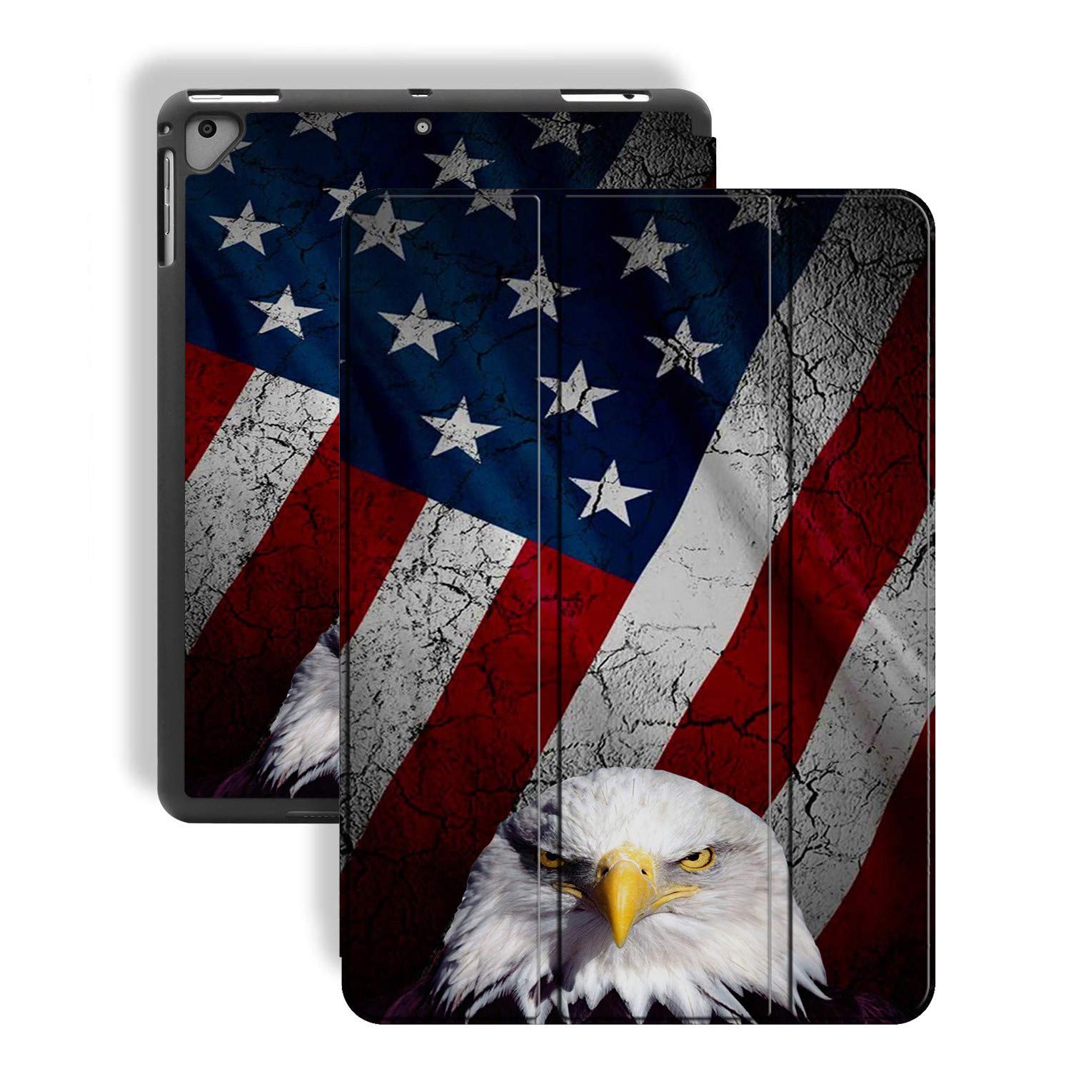 Premium PU Leather iPad 9.7 Case (2018/2017/Air 2) with Bald Eagle American Flag Design - Slim Soft TPU Back & Pencil Holder - Auto Wake/Sleep Cover for iPad 5th/6th Generation - Perfect for Work, School & Travel Protection
