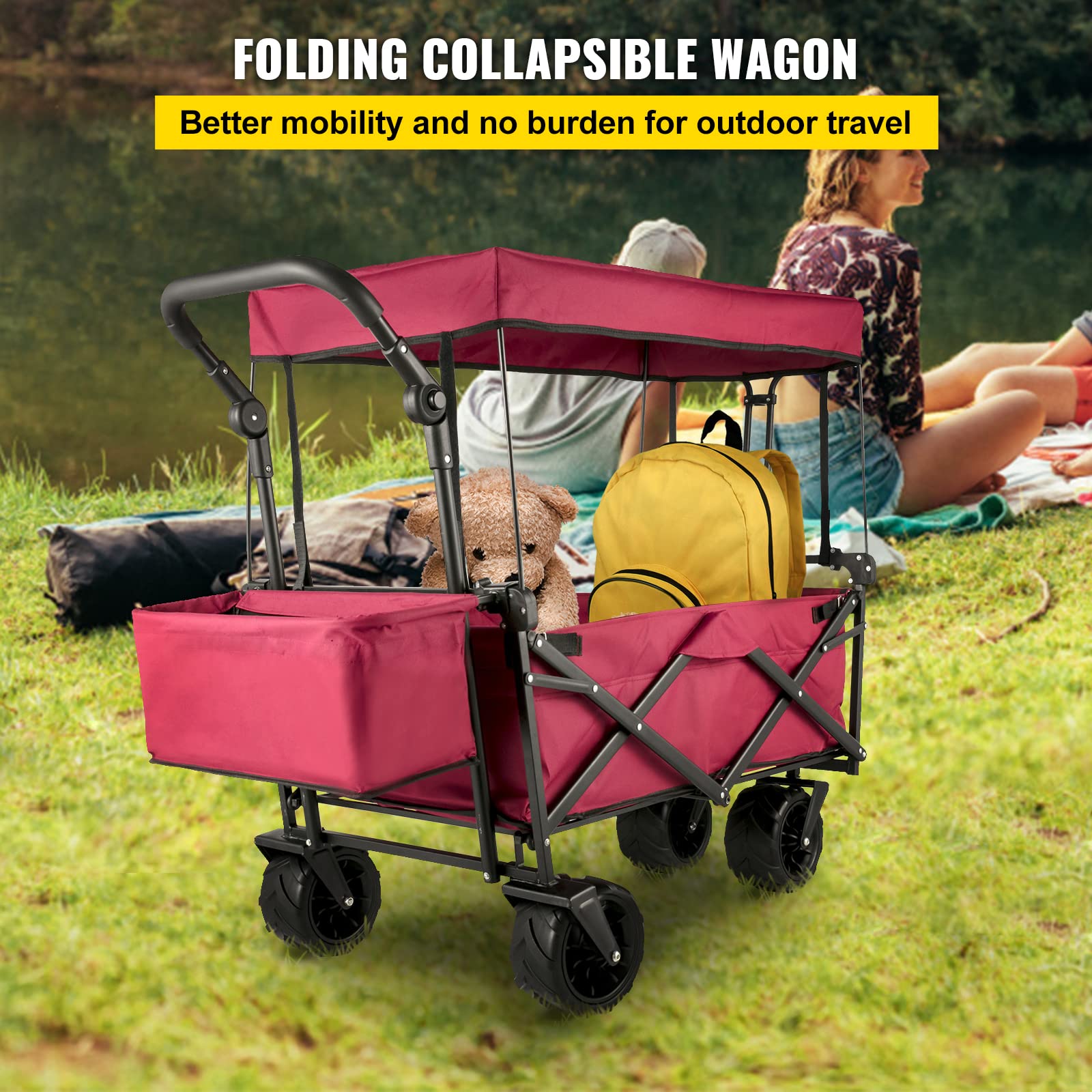 Best Collapsible Wagon with Removable Canopy - Heavy Duty 220lbs Capacity Foldable Beach Cart with Large Wheels - Adjustable Push/Pull Handle Folding Stroller Wagon (Red) - Perfect for Beach Trips, Camping, Grocery Shopping & Outdoor Adventures