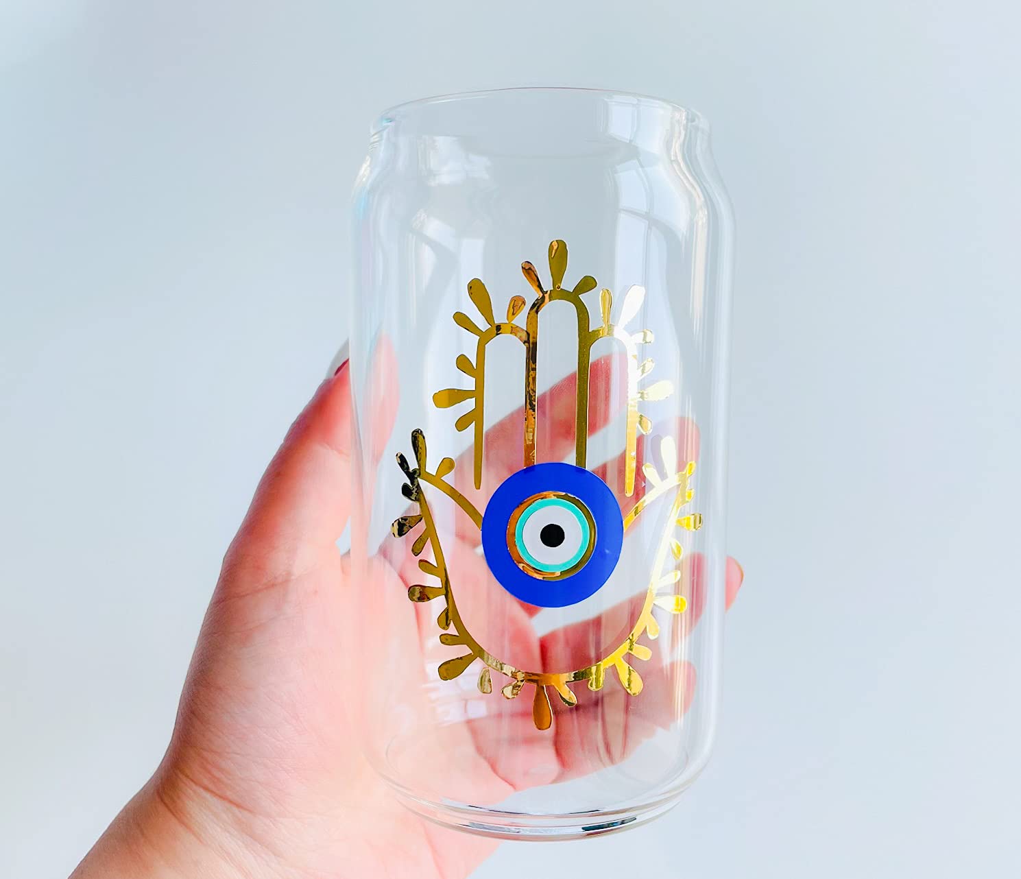 Evil Eye Glass Soda Beer Can Hamsa Hand Cup - 16oz Protective Drinking Glass for Beer, Soda & Water - Perfect for Parties, Home Decor & Spiritual Protection